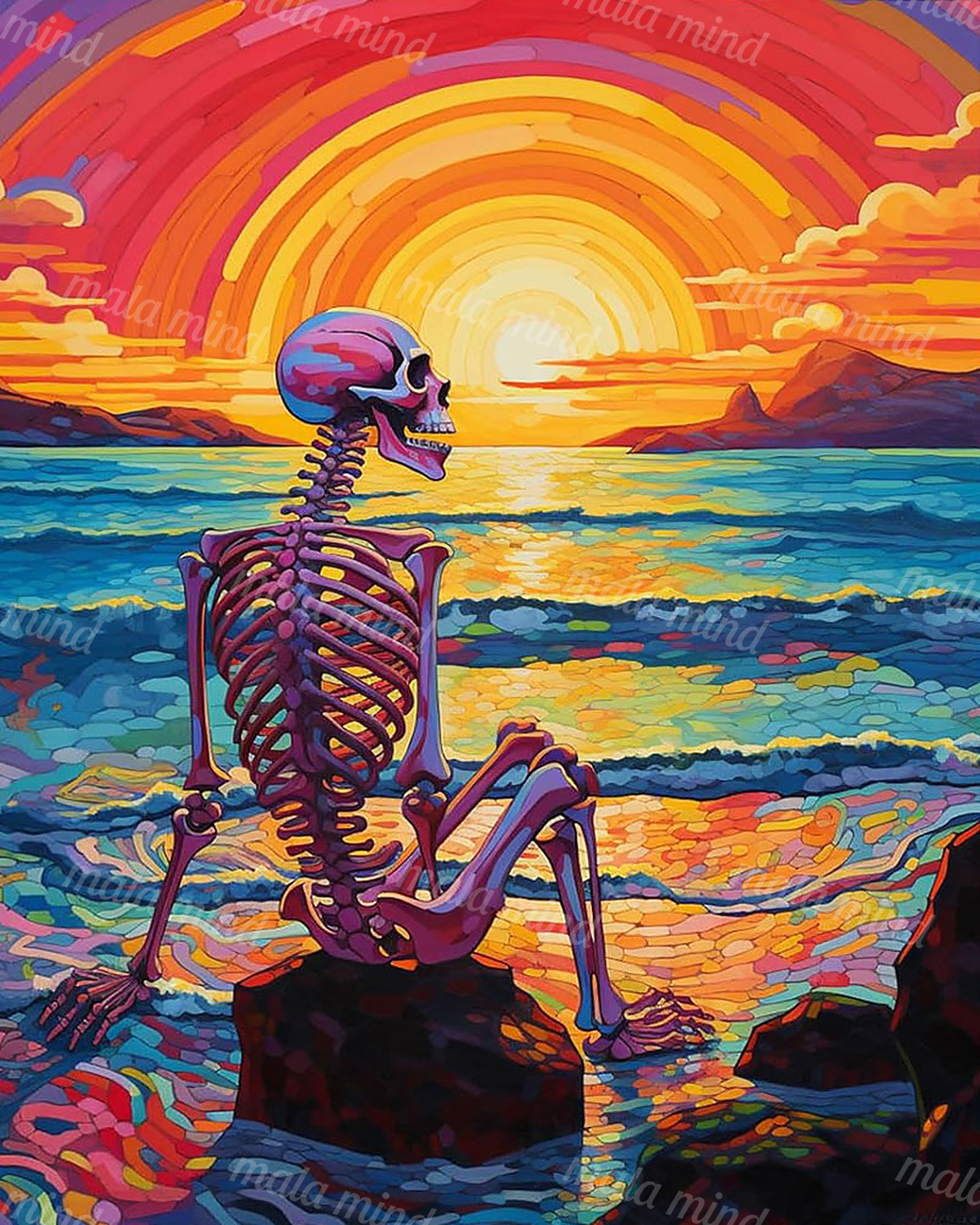 Colorful seated skeleton watching a glowing sunset over a reflective ocean with distant mountains. — 02_master_artwork