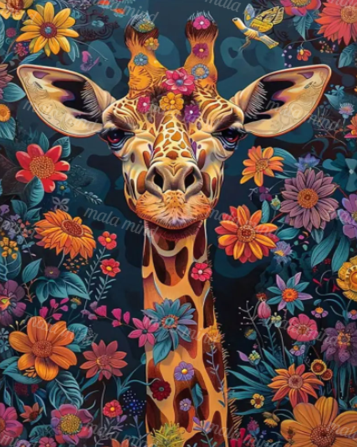 Front-facing giraffe surrounded by colorful flowers, leaves, and butterflies on a dark teal background — 02_master_artwork