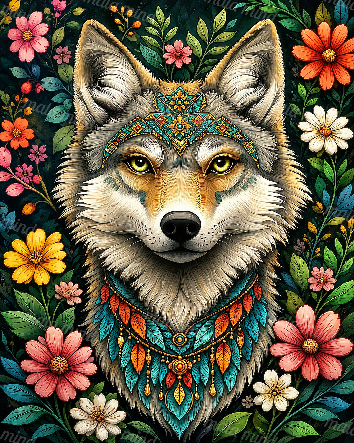 Front-facing wolf with yellow eyes, colorful adornments, flowers, and green foliage — 02_master_artwork