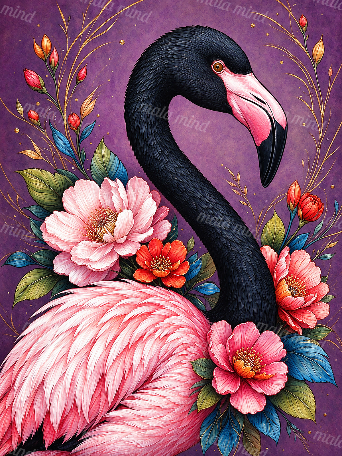 Black-and-pink flamingo surrounded by pink and red flowers on a purple background — 02_master_artwork