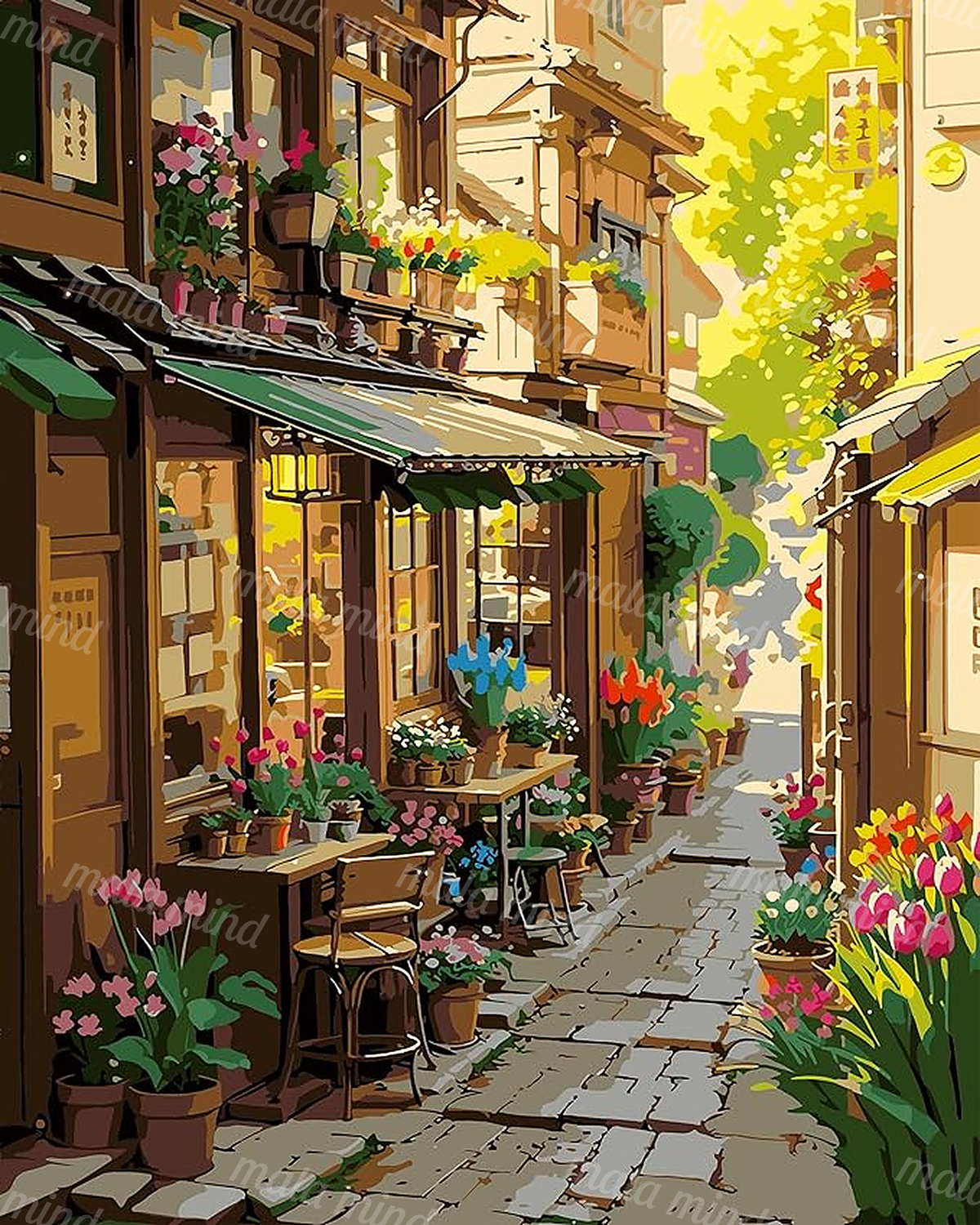 Sunlit flower-filled alley with wooden storefronts, green awnings, potted blooms, and a winding cobblestone path — 02_master_artwork