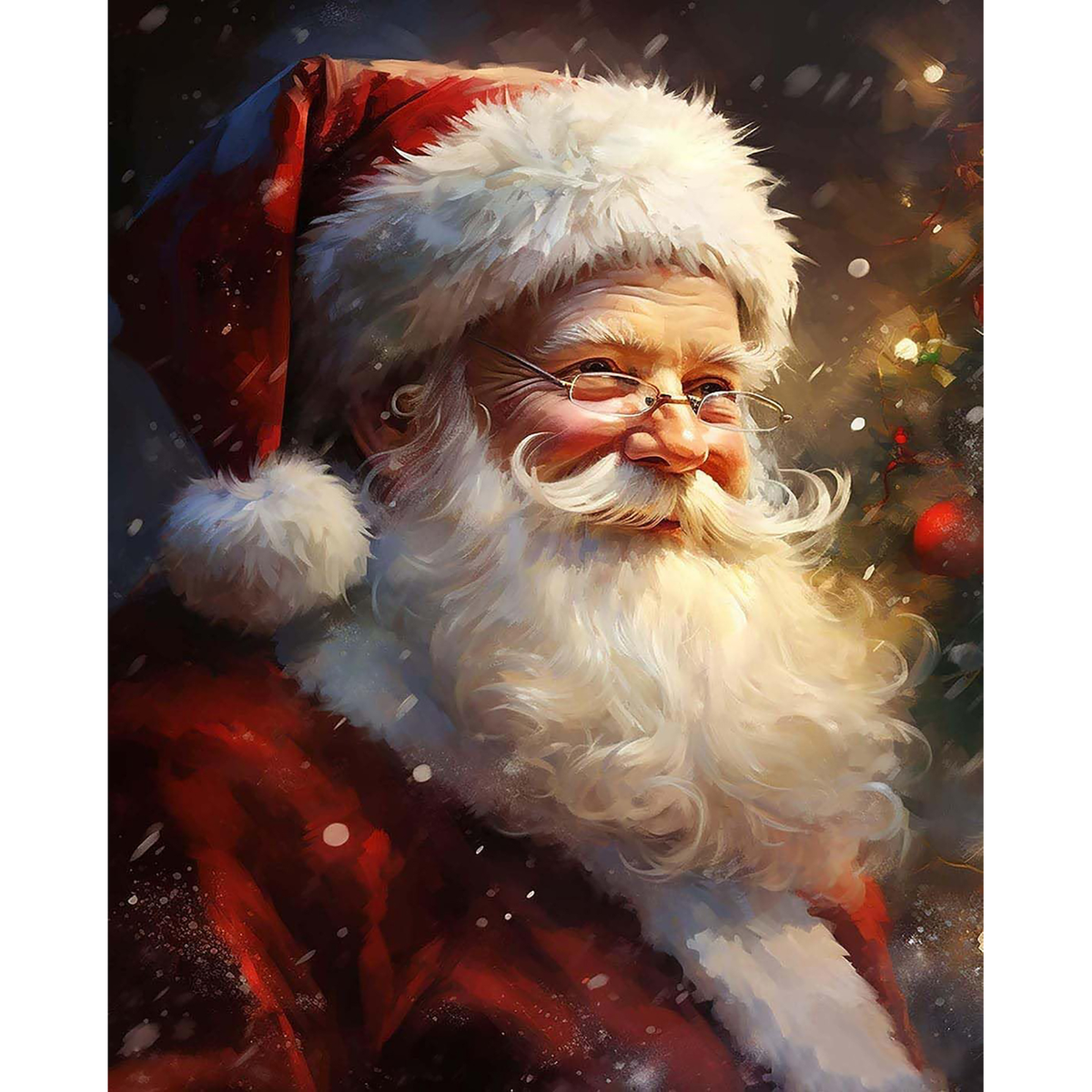 Smiling Santa Claus portrait with glasses, red hat, white beard, falling snow, and warm glowing lights
