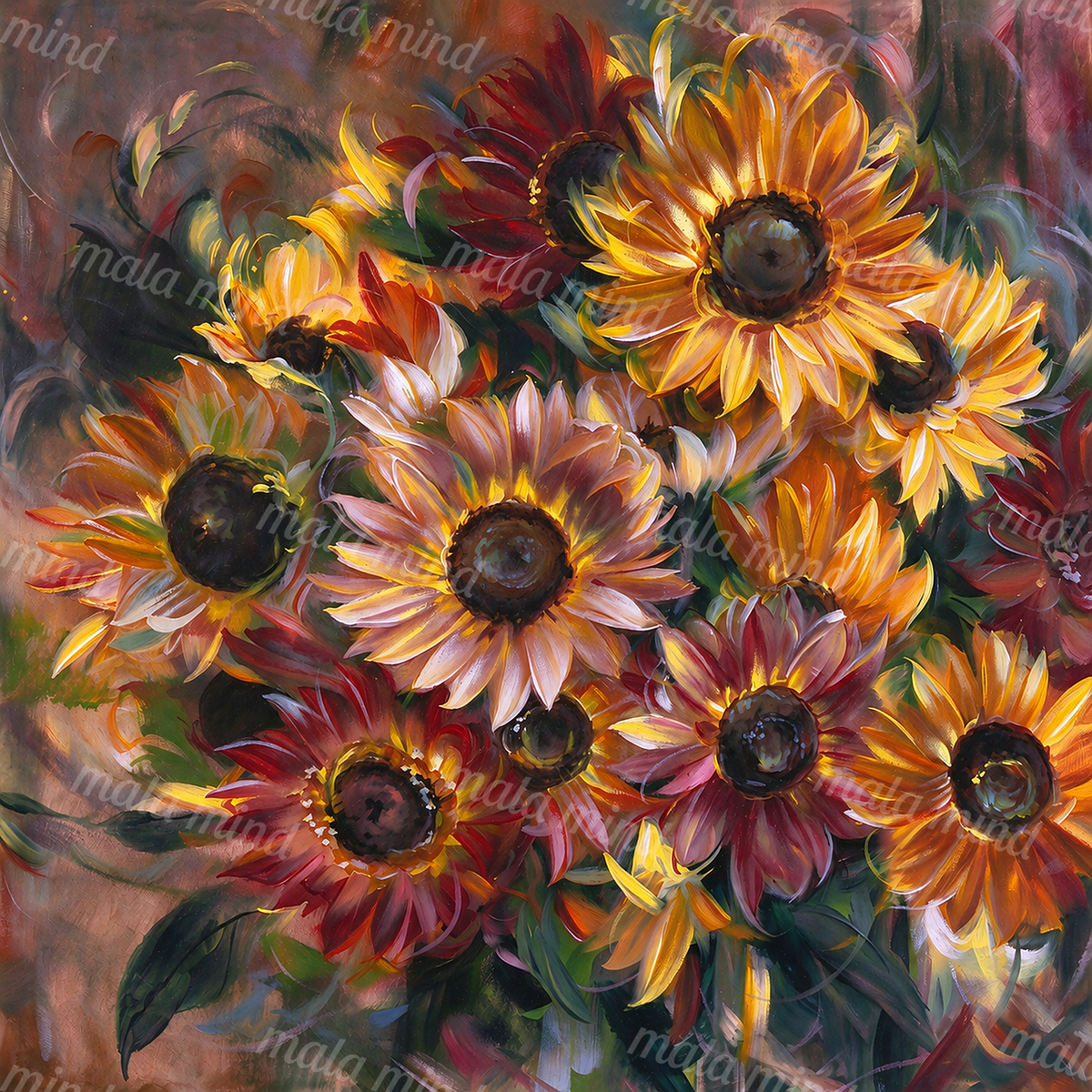 Painterly bouquet of sunflowers and red-orange flowers with dark centers and green leaves — 02_master_artwork
