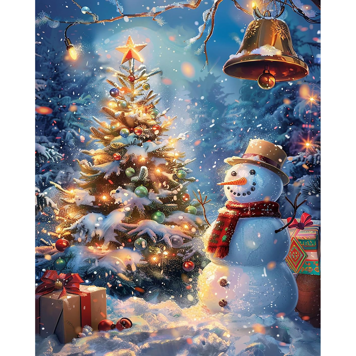 Glowing decorated Christmas tree beside a cheerful snowman in a snowy forest with gifts and falling snow