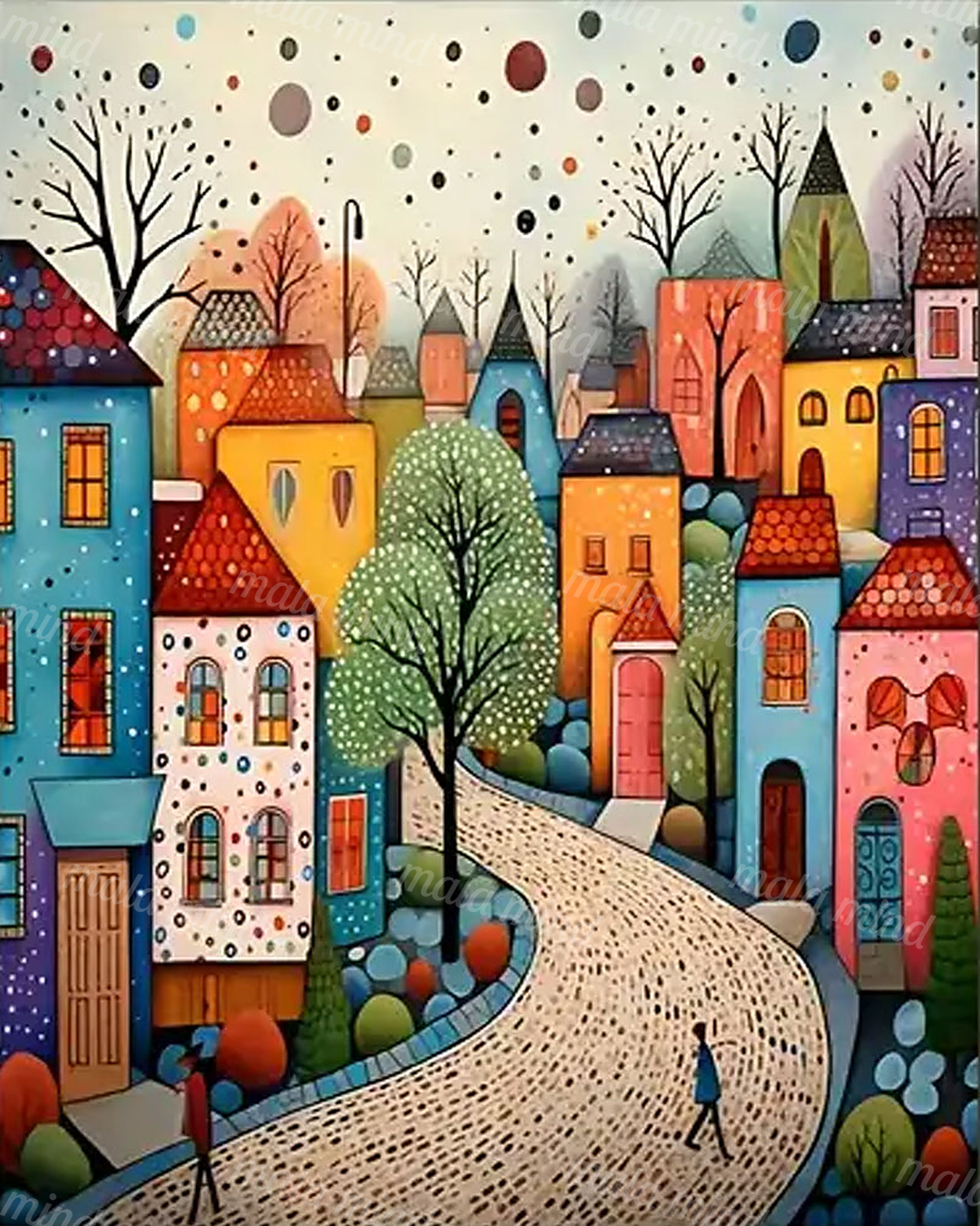 Colorful village buildings and trees frame a winding cobblestone street under a dotted sky. — 02_master_artwork