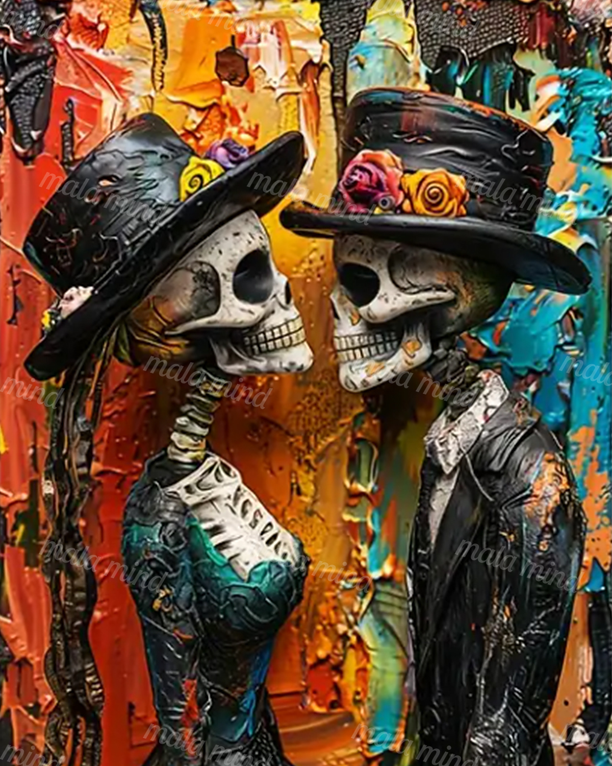 Two skeletons in black top hats face each other against a vivid orange, red, turquoise, and teal background. — 02_master_artwork