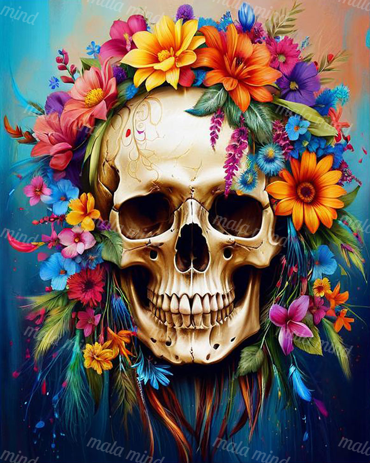 Ivory skull framed by colorful flowers, green leaves, and feathers on a dark blue background — 02_master_artwork