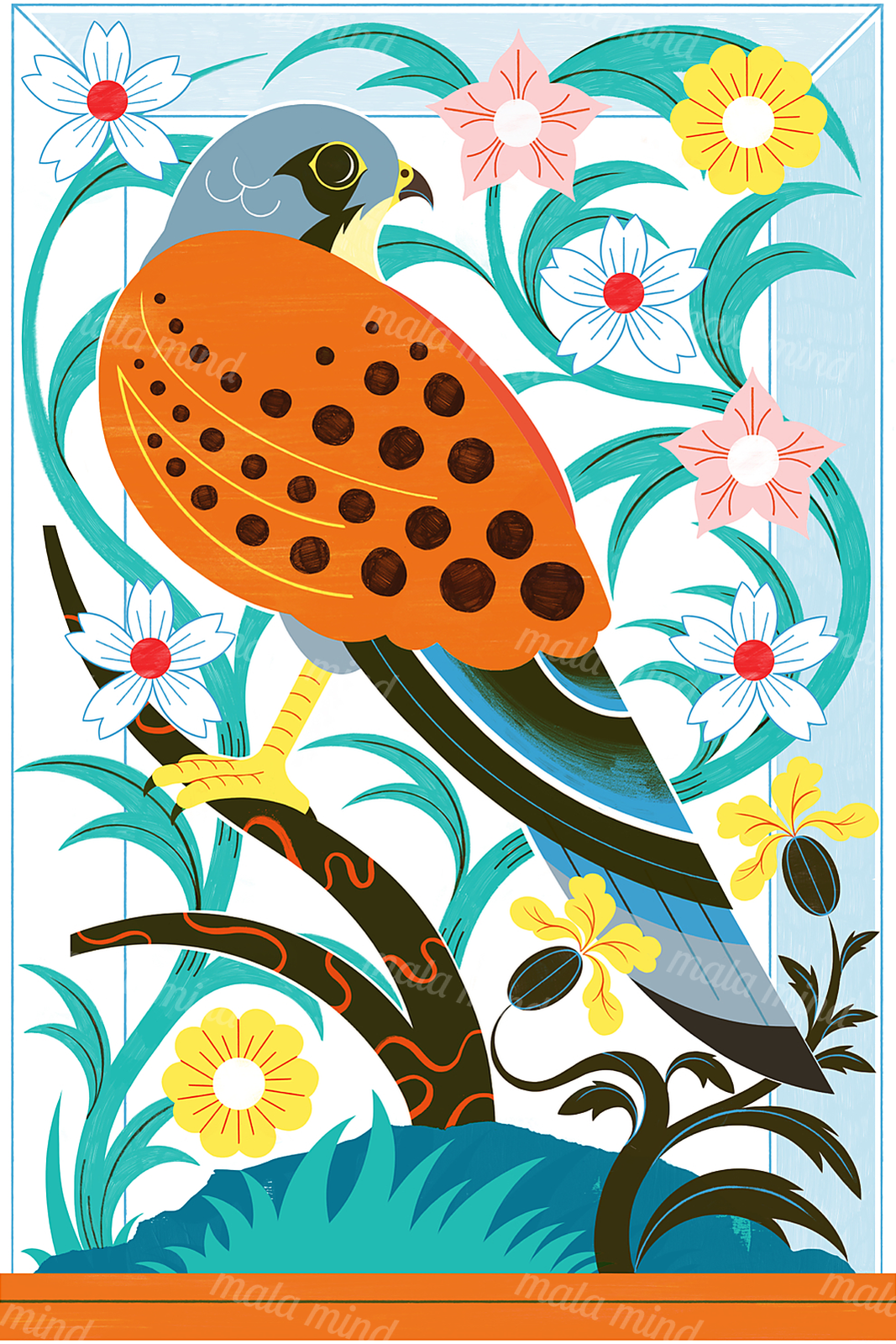 Colorful orange-spotted bird perched among white, pink, and yellow flowers with curling teal foliage. — 02_master_artwork