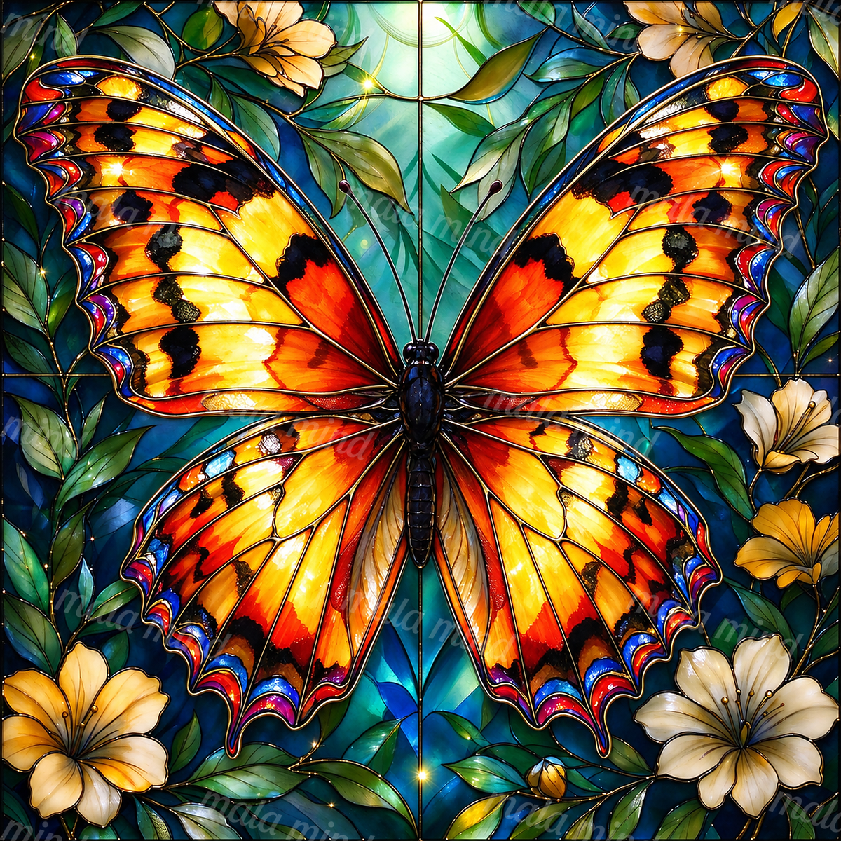 Orange butterfly with flowers and green leaves in a colorful stained-glass design — 02_master_artwork