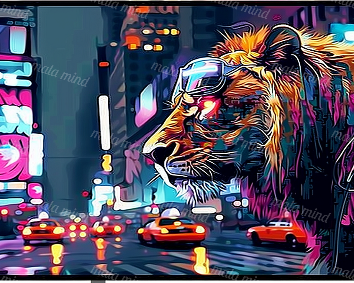 Neon lion wearing sunglasses beside colorful cars on a glowing city street — 02_master_artwork