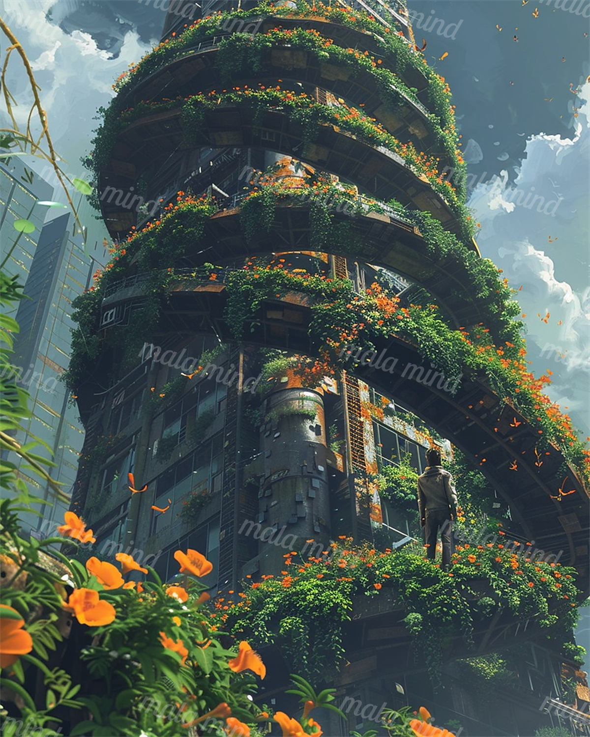 Low-angle view of a vine-covered tower with orange flowers, balconies, blue sky, and a standing figure — 02_master_artwork
