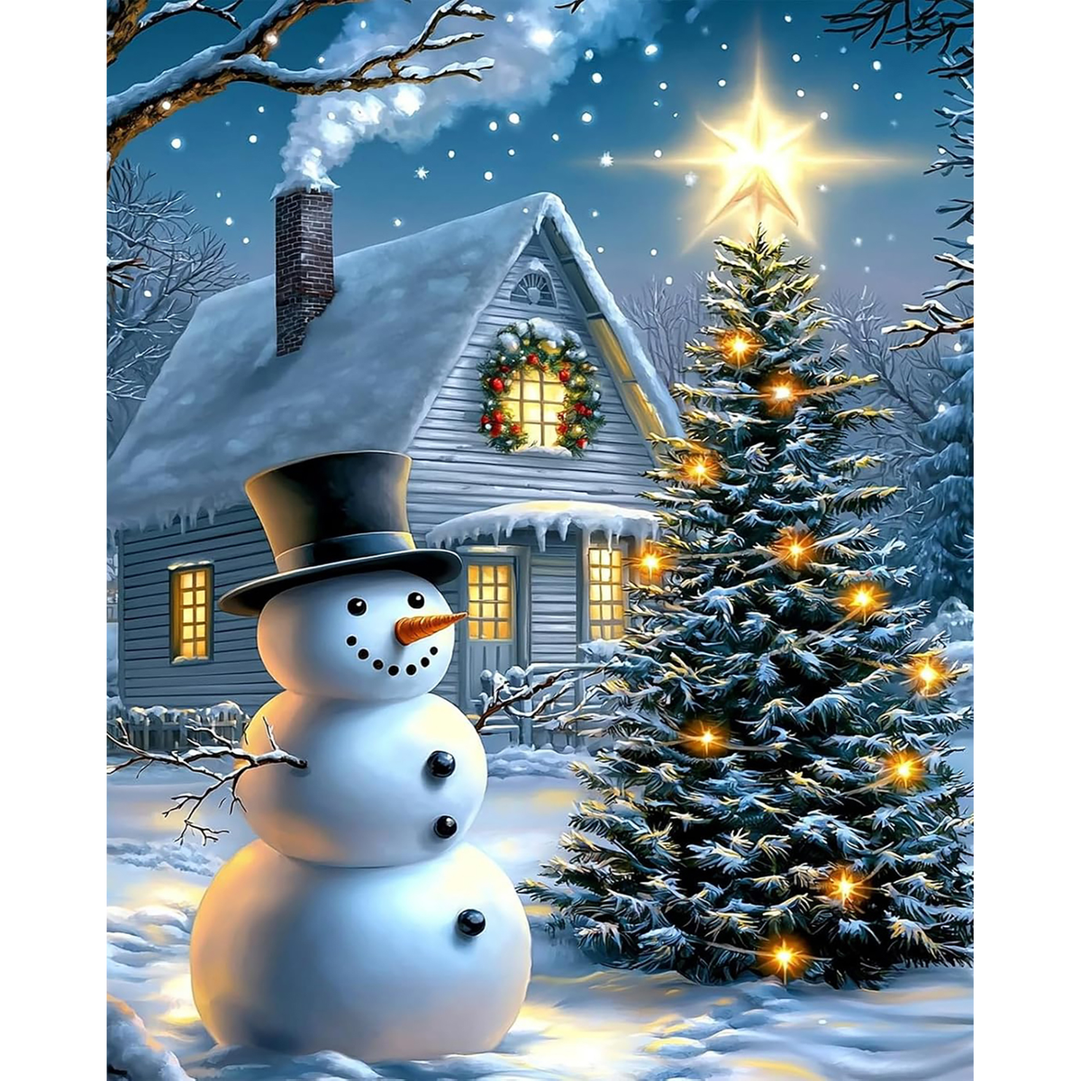 Top-hatted snowman beside a glowing Christmas tree and warmly lit snowy cabin at night