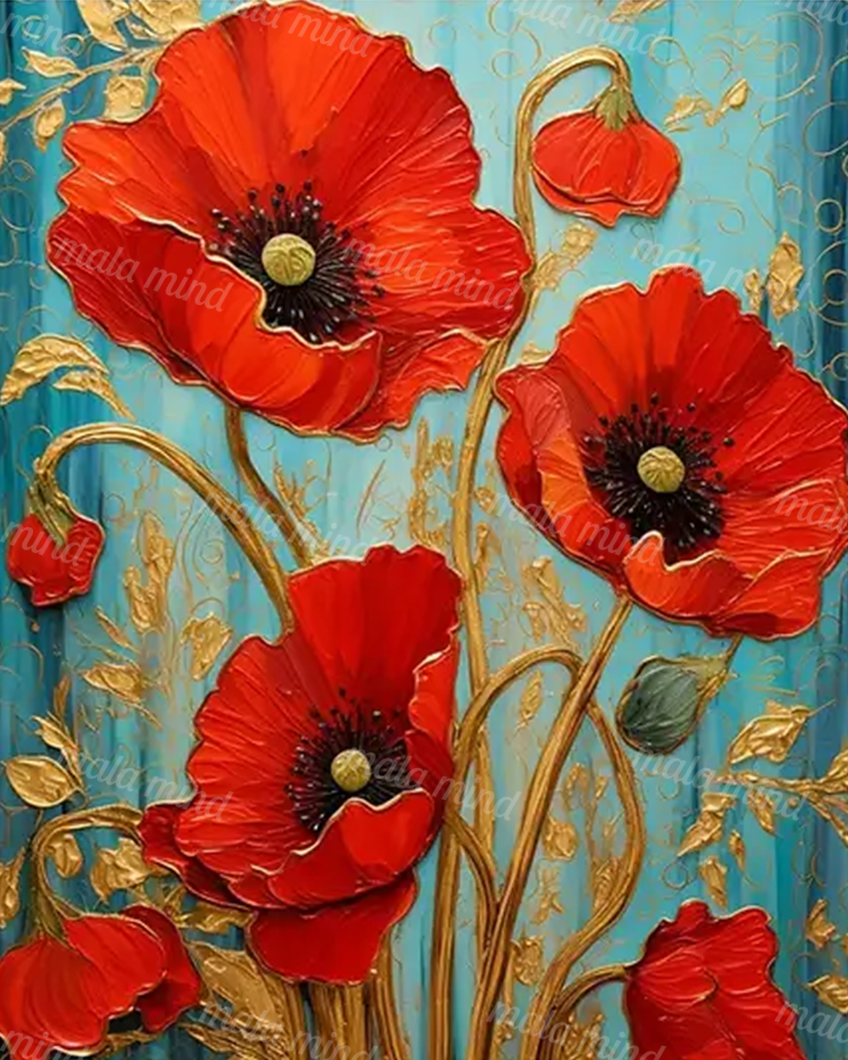 Decorative artwork of vivid red poppies with golden stems on a turquoise patterned background — 02_master_artwork