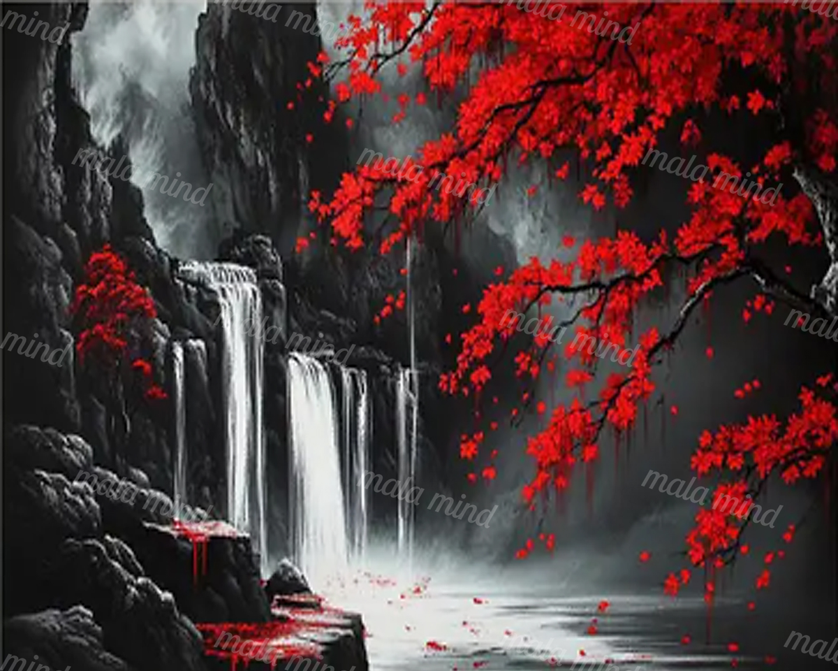 White waterfalls cascade through dark cliffs beneath vivid red branches and mist. — 02_master_artwork