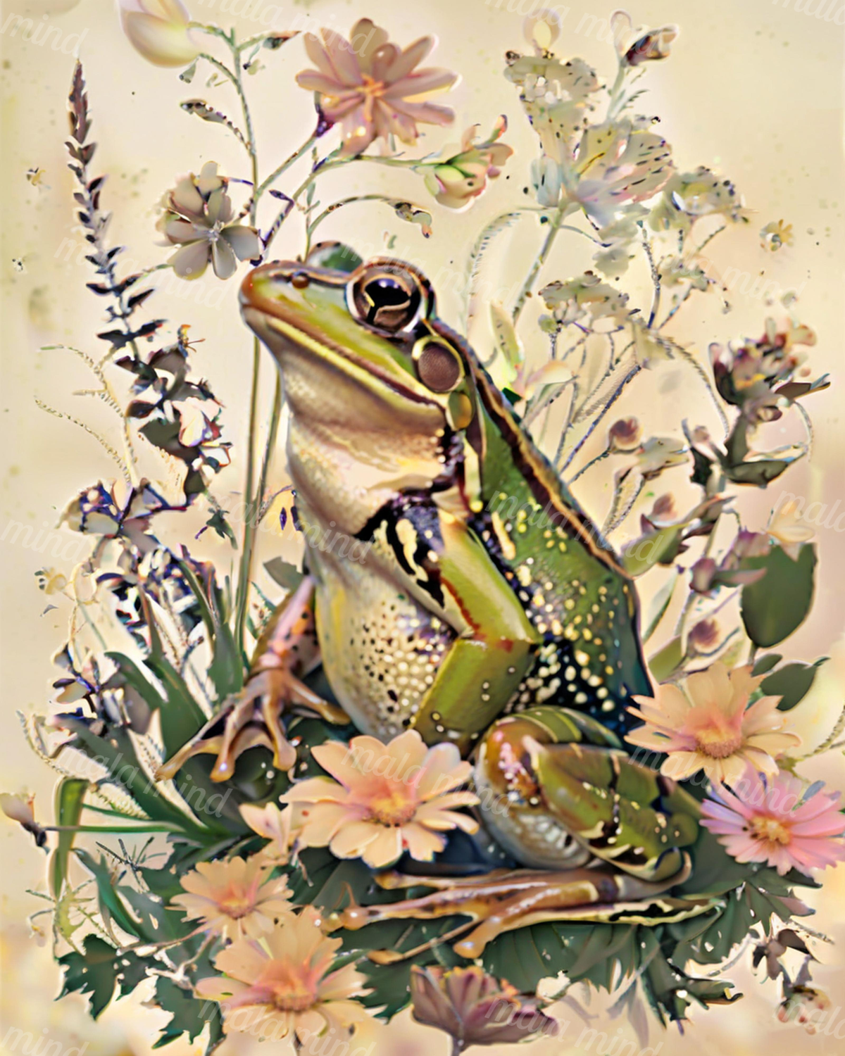 Green frogs surrounded by pink flowers, green leaves, flowering stems, and a small butterfly — 02_master_artwork