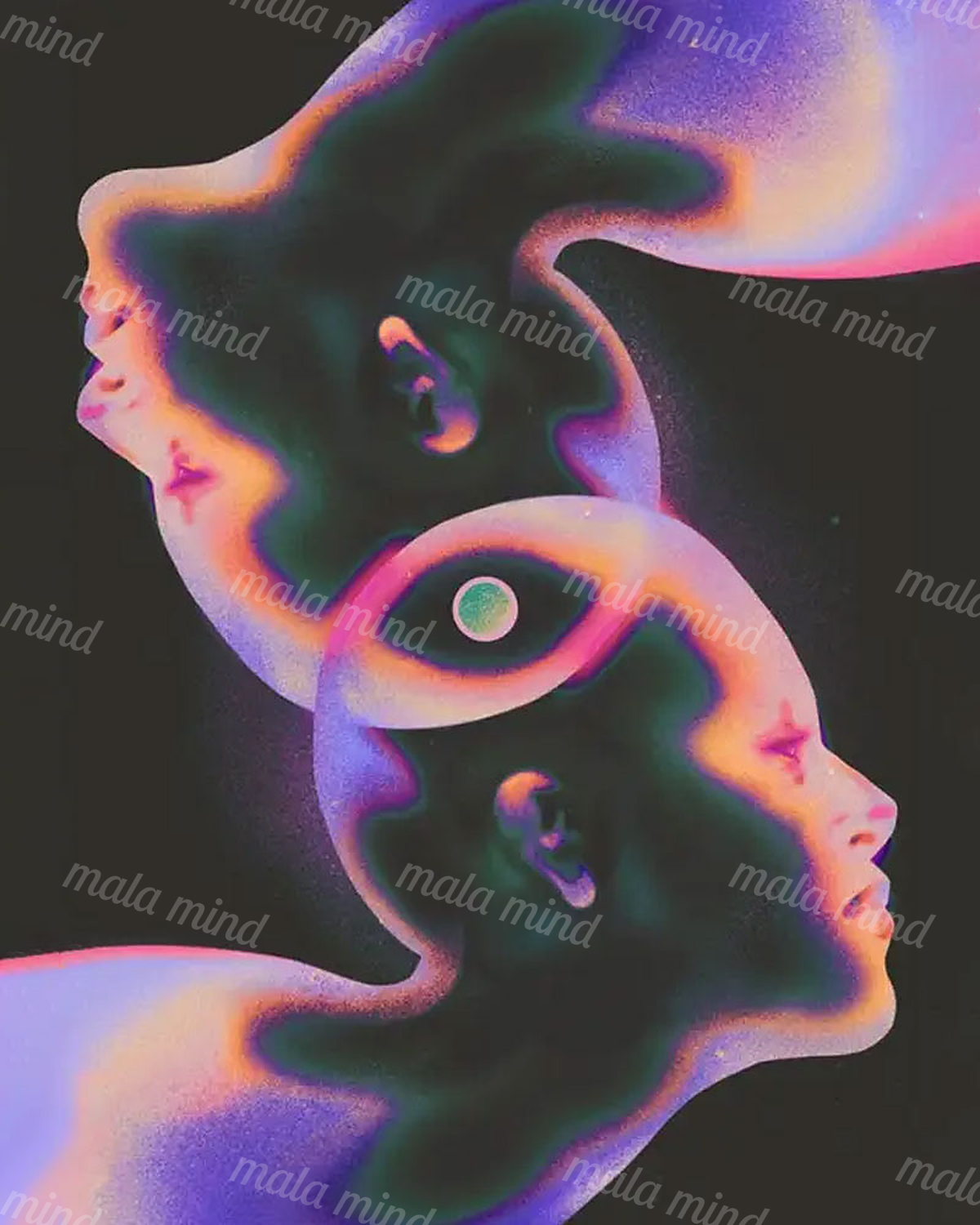 Neon surreal artwork showing two intertwined human profiles around a glowing central eye. — 02_master_artwork