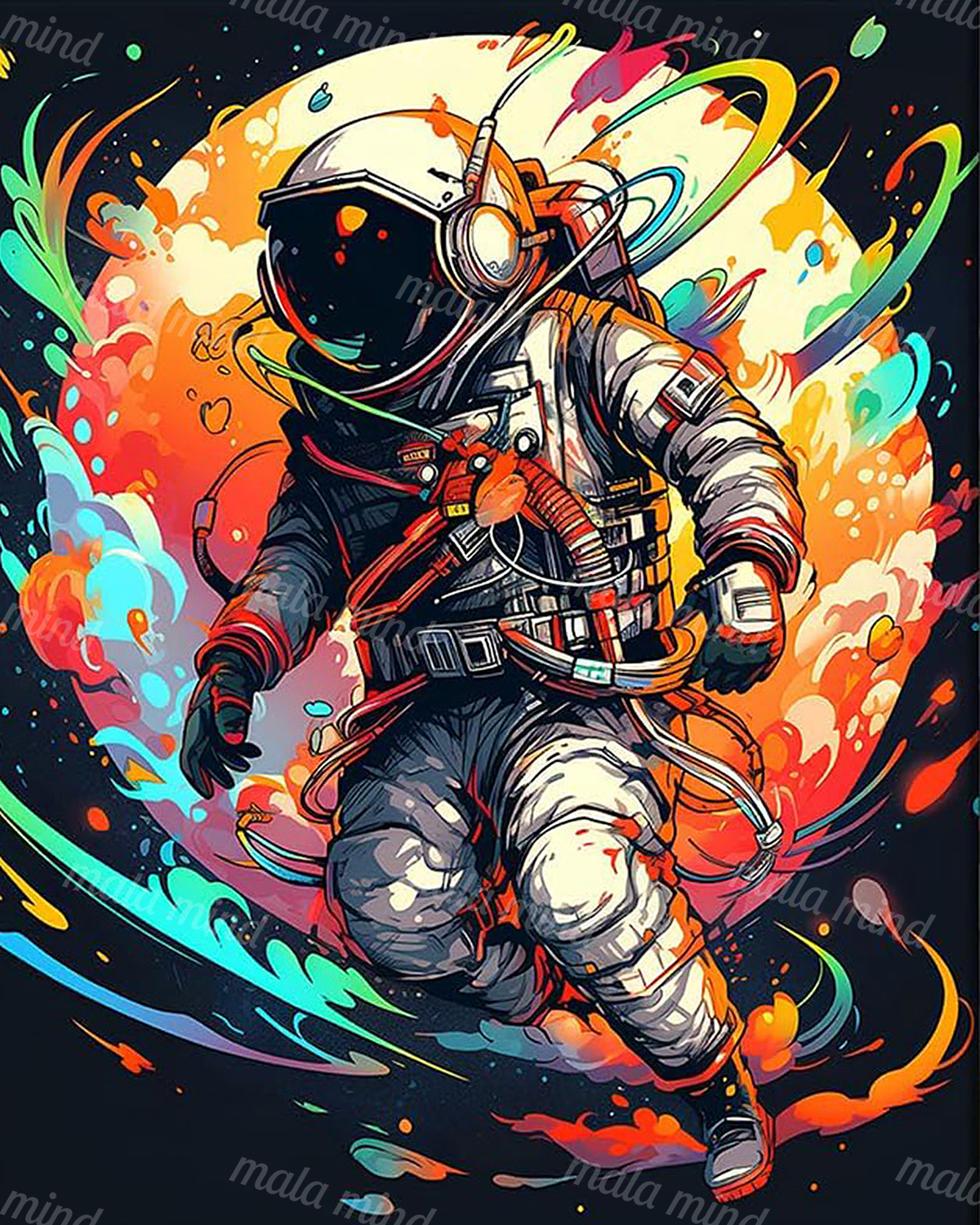 Comic-style astronaut in a detailed spacesuit floating amid colorful swirling cosmic forms. — 02_master_artwork