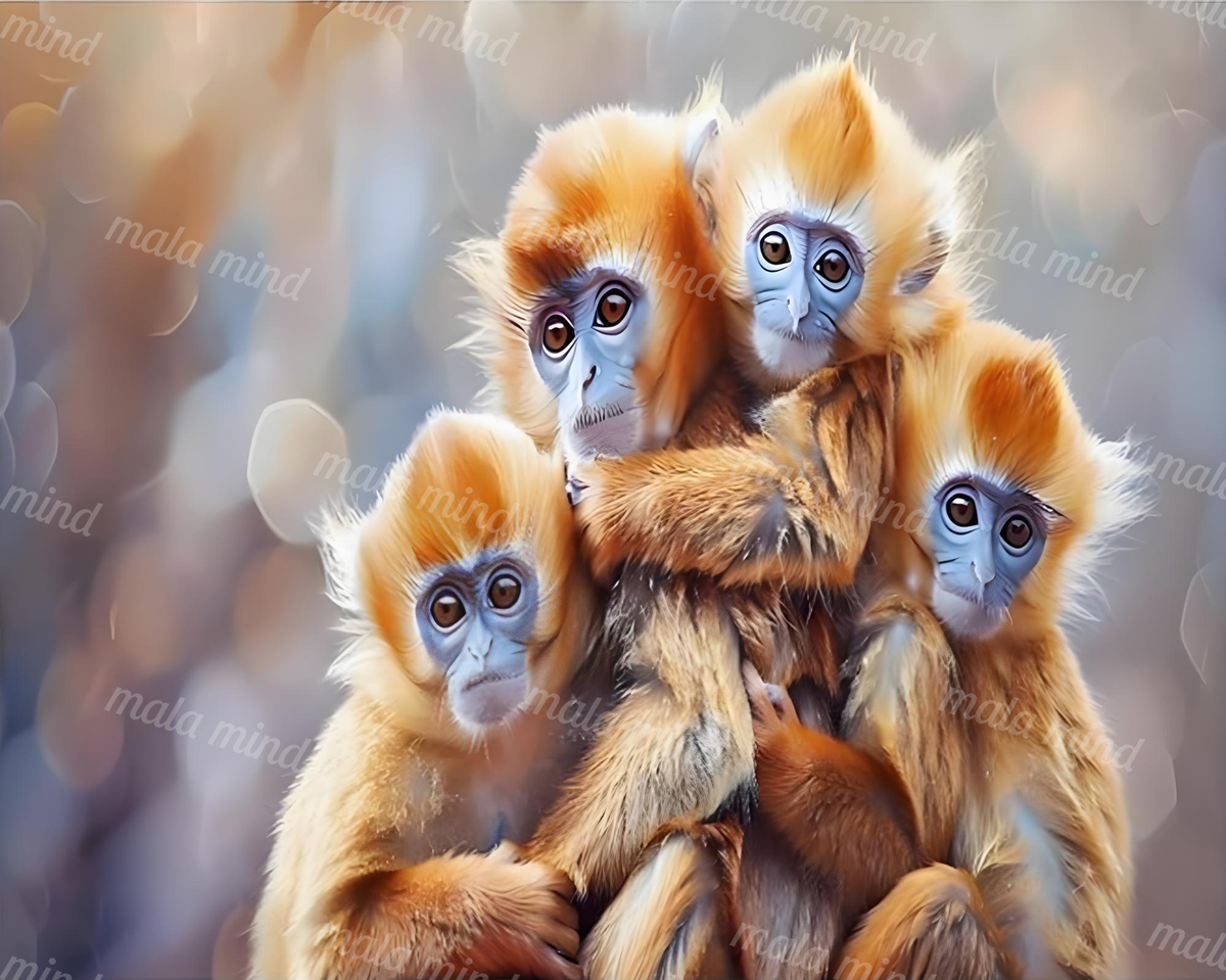 Four golden-furred monkeys with blue-gray faces grouped closely against a softly blurred background — 02_master_artwork