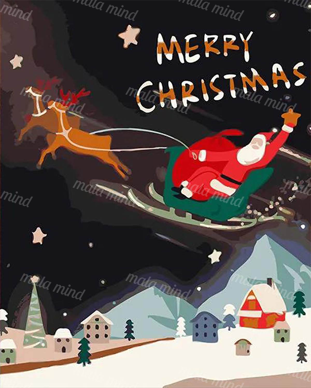 Santa in a red sleigh pulled by reindeer above a snowy Christmas village and mountains — 02_master_artwork