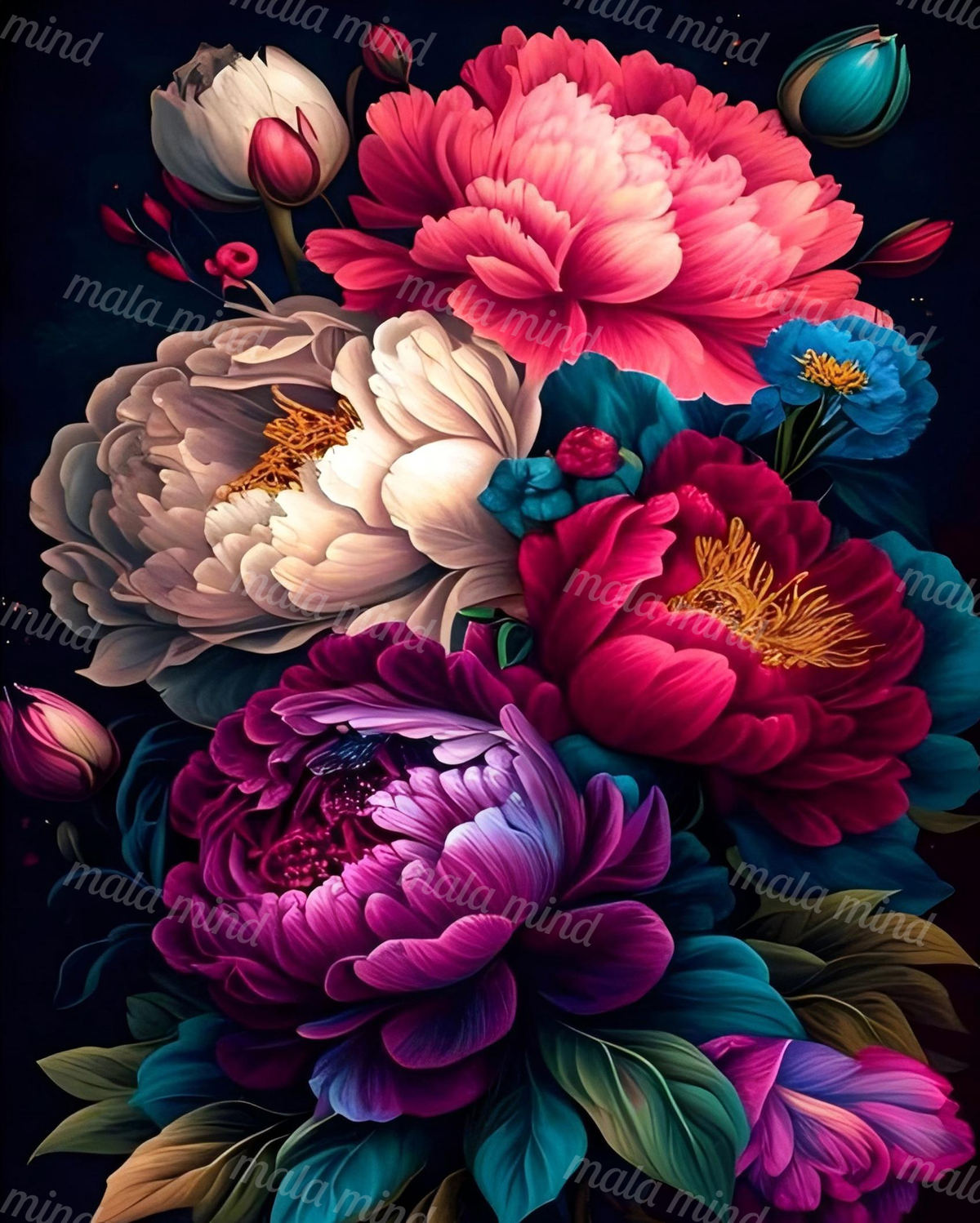 Vivid layered pink, white, blue, and purple flowers with teal foliage on a dark background — 02_master_artwork