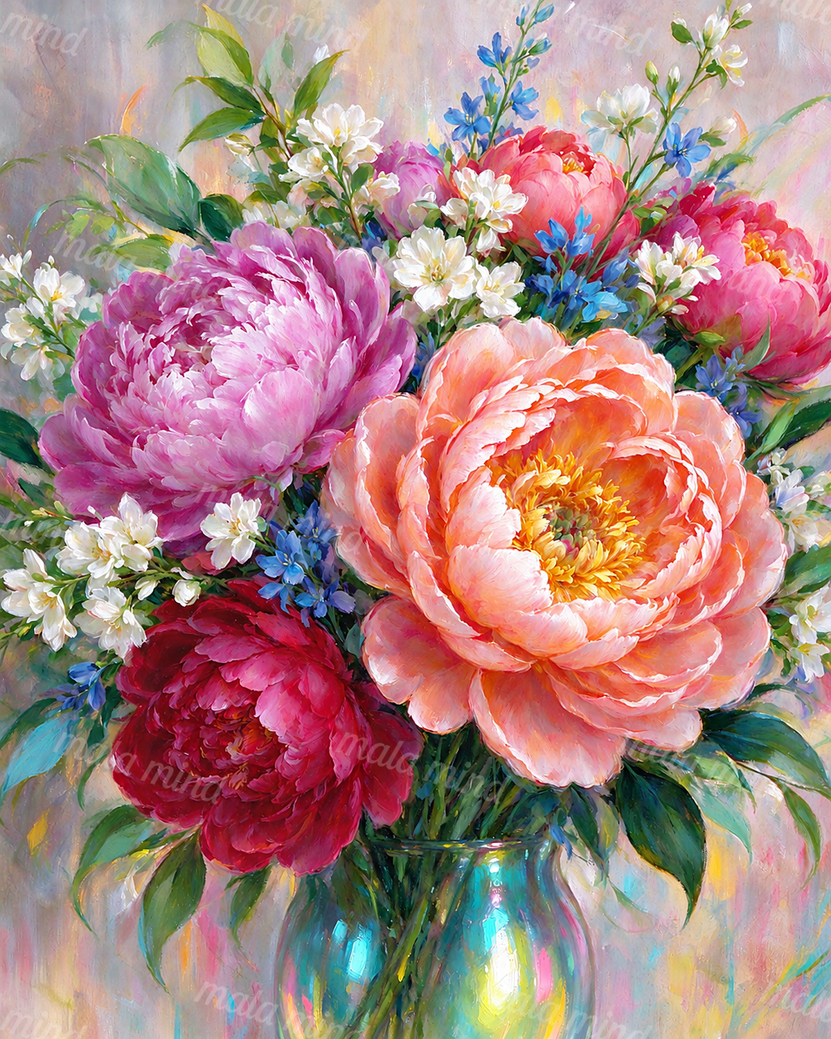Colorful pink, coral, and red peonies with blue and white flowers in an iridescent glass vase — 02_master_artwork