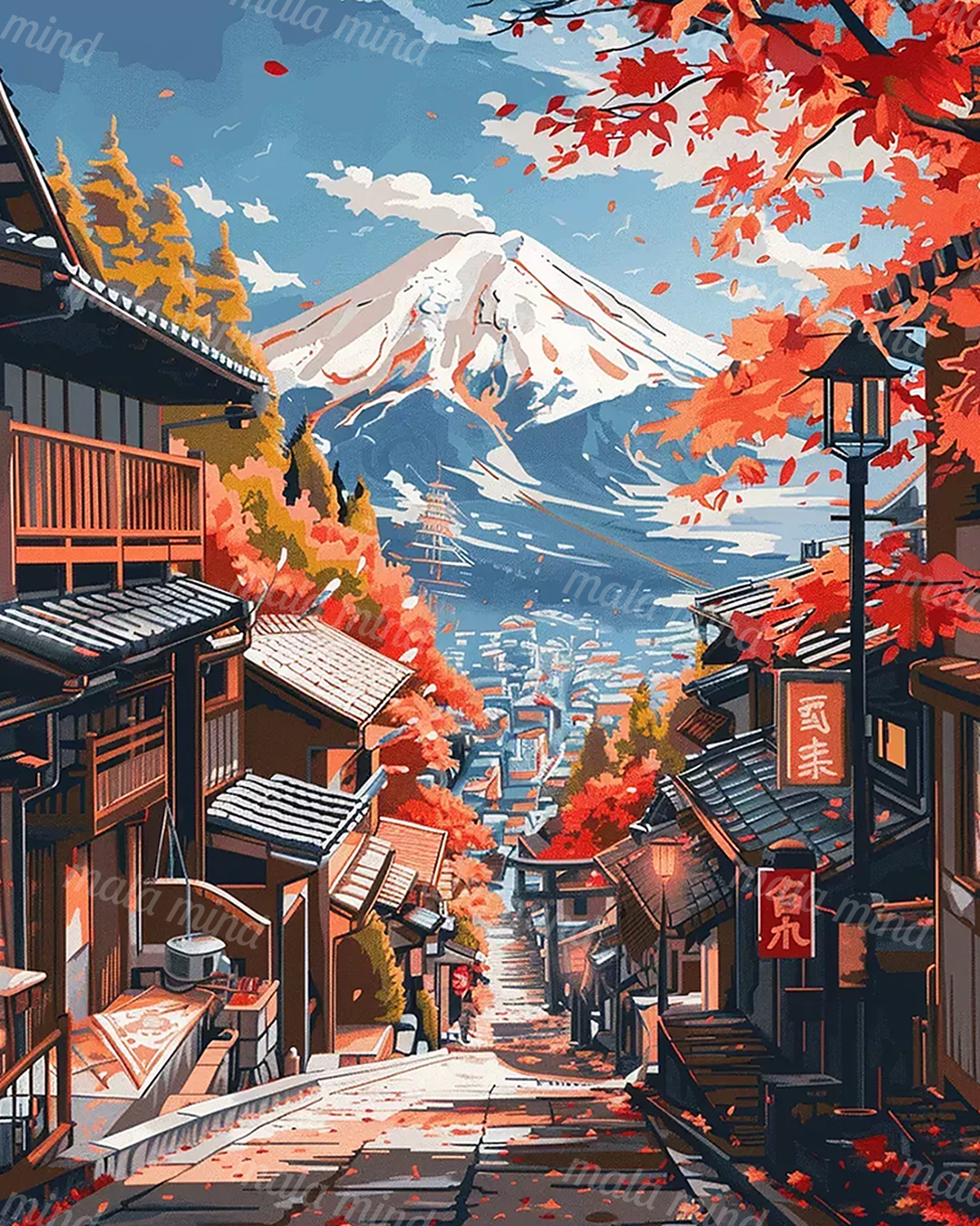 Japanese hillside street descending toward snow-capped Mount Fuji, framed by red autumn maple leaves and tiled rooftops — 02_master_artwork