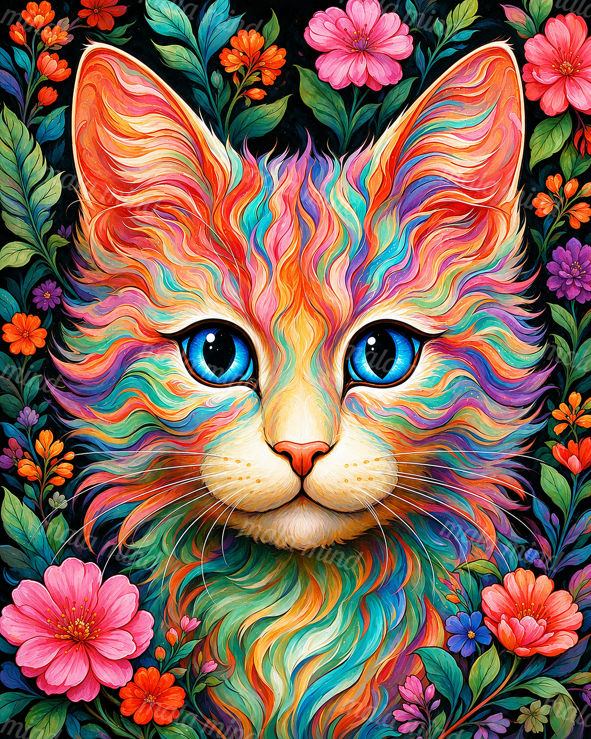 Frontal colorful lion portrait with blue eyes, flowing multicolored mane, flowers, and green leaves — 02_master_artwork