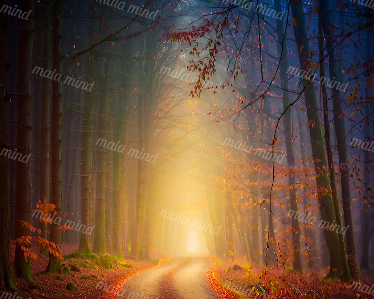 Sunlight glows through a dense autumn forest along a winding dirt path. — 02_master_artwork