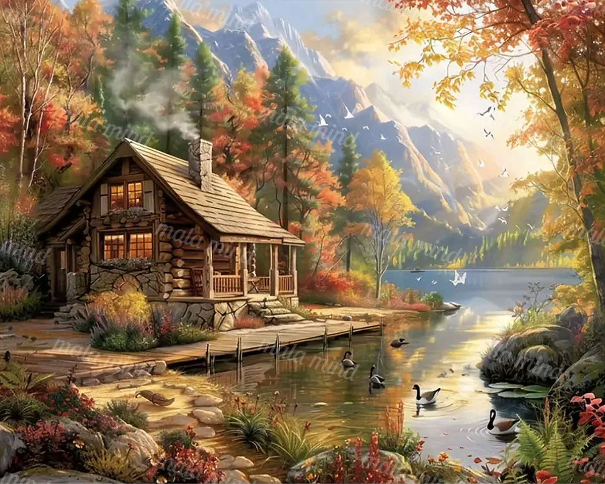 Rustic log cabin beside an autumn lake with waterfowl and snow-capped mountains — 02_master_artwork