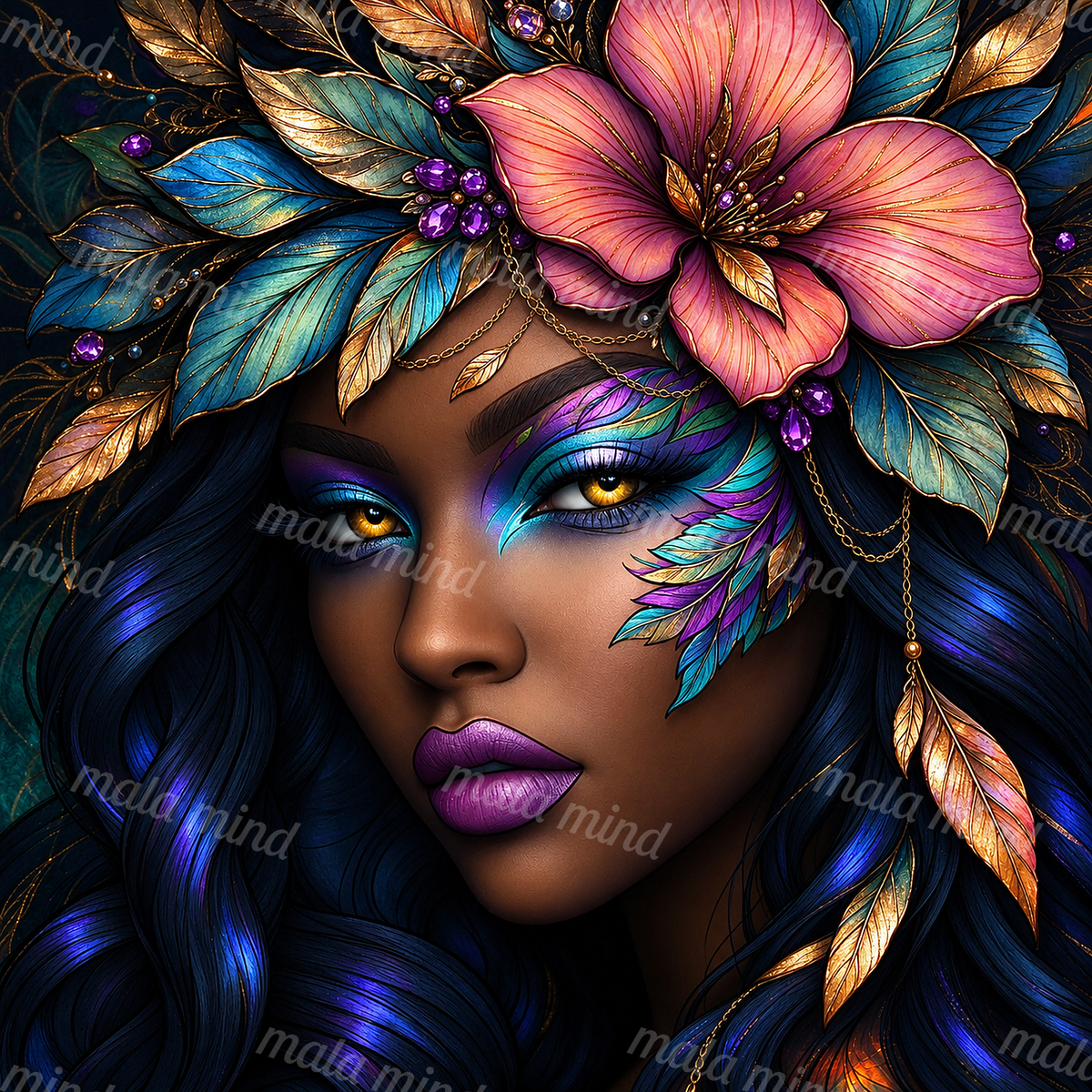 Close-up woman portrait with pink flowers, blue leaves, gemstones, feathers, and dark blue hair — 02_master_artwork