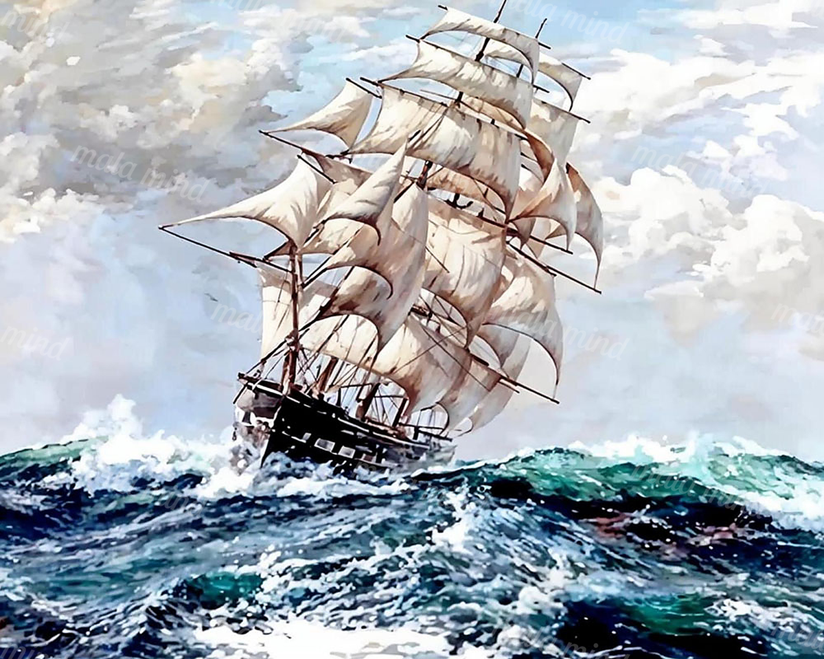 Tall cream-sailed ship with dark hull sailing through rough teal ocean waves under cloudy skies — 02_master_artwork