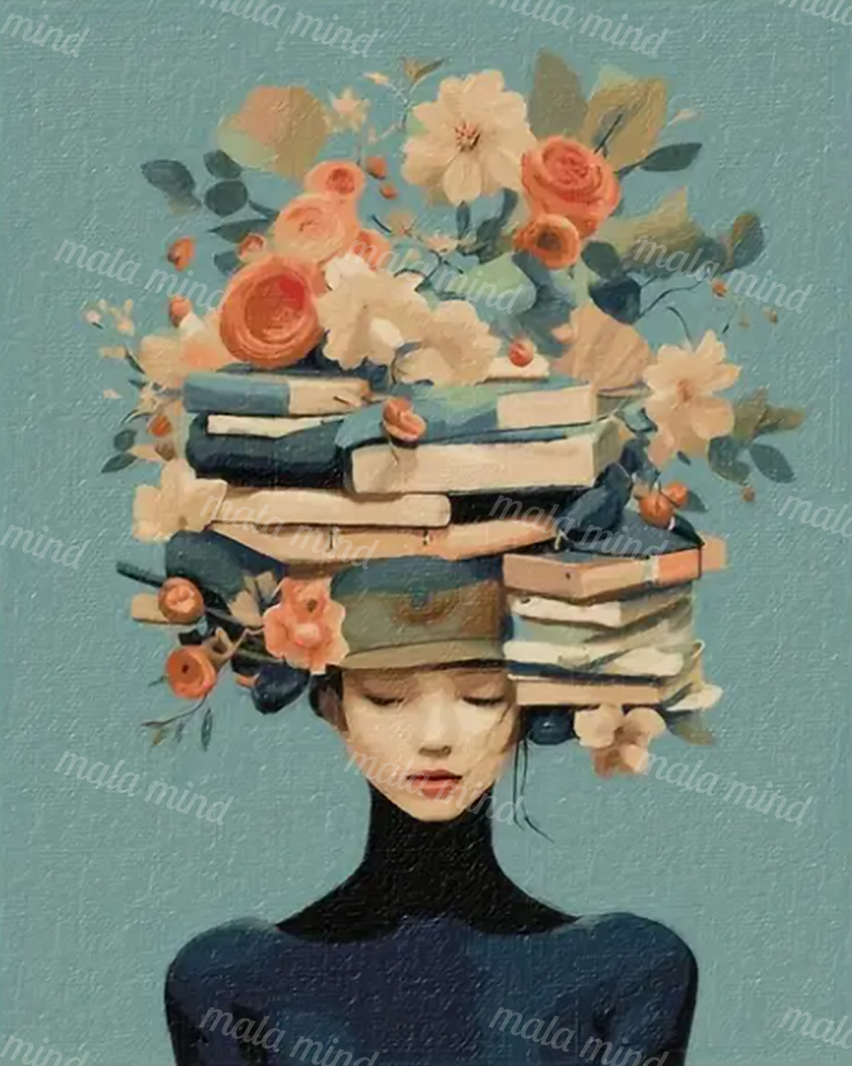 Stylized woman in dark clothing with books and flowers balanced across her head on a teal background — 02_master_artwork