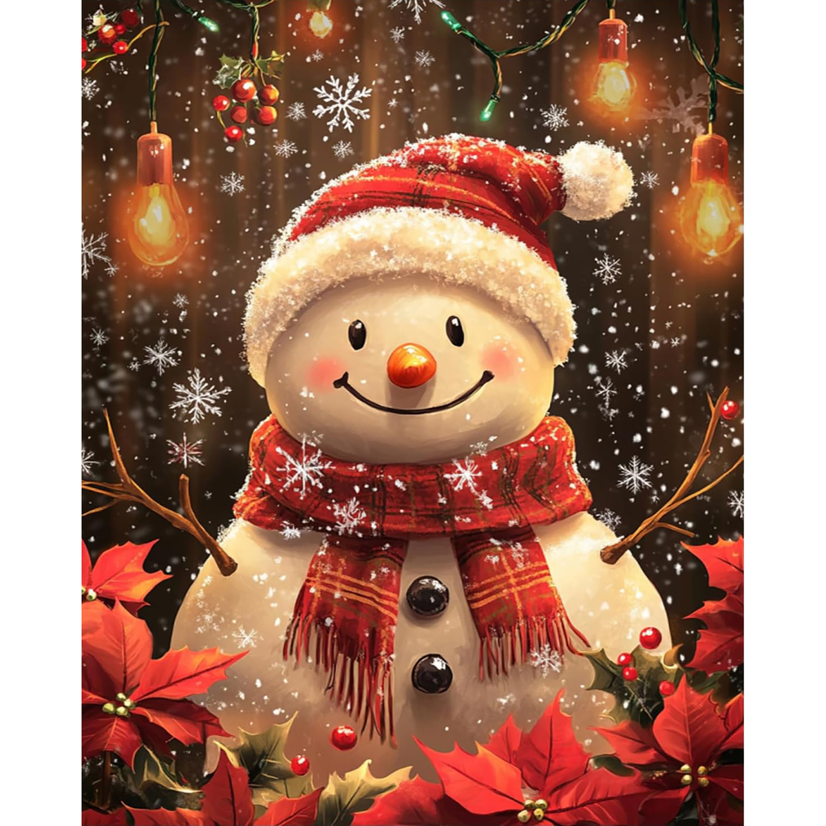 Smiling snowman in a Santa hat and plaid scarf surrounded by snow, lights, holly, and poinsettias