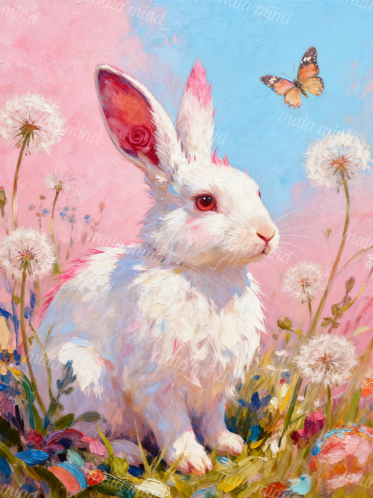White rabbit in a colorful flower meadow with dandelions and a butterfly — 02_master_artwork