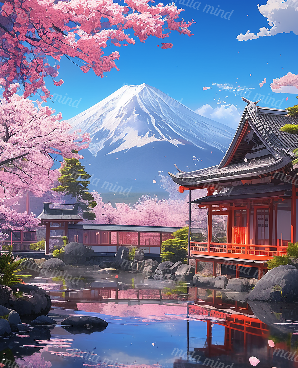 Japanese temple beside a reflective pond, framed by cherry blossoms and a snow-capped mountain. — 02_master_artwork