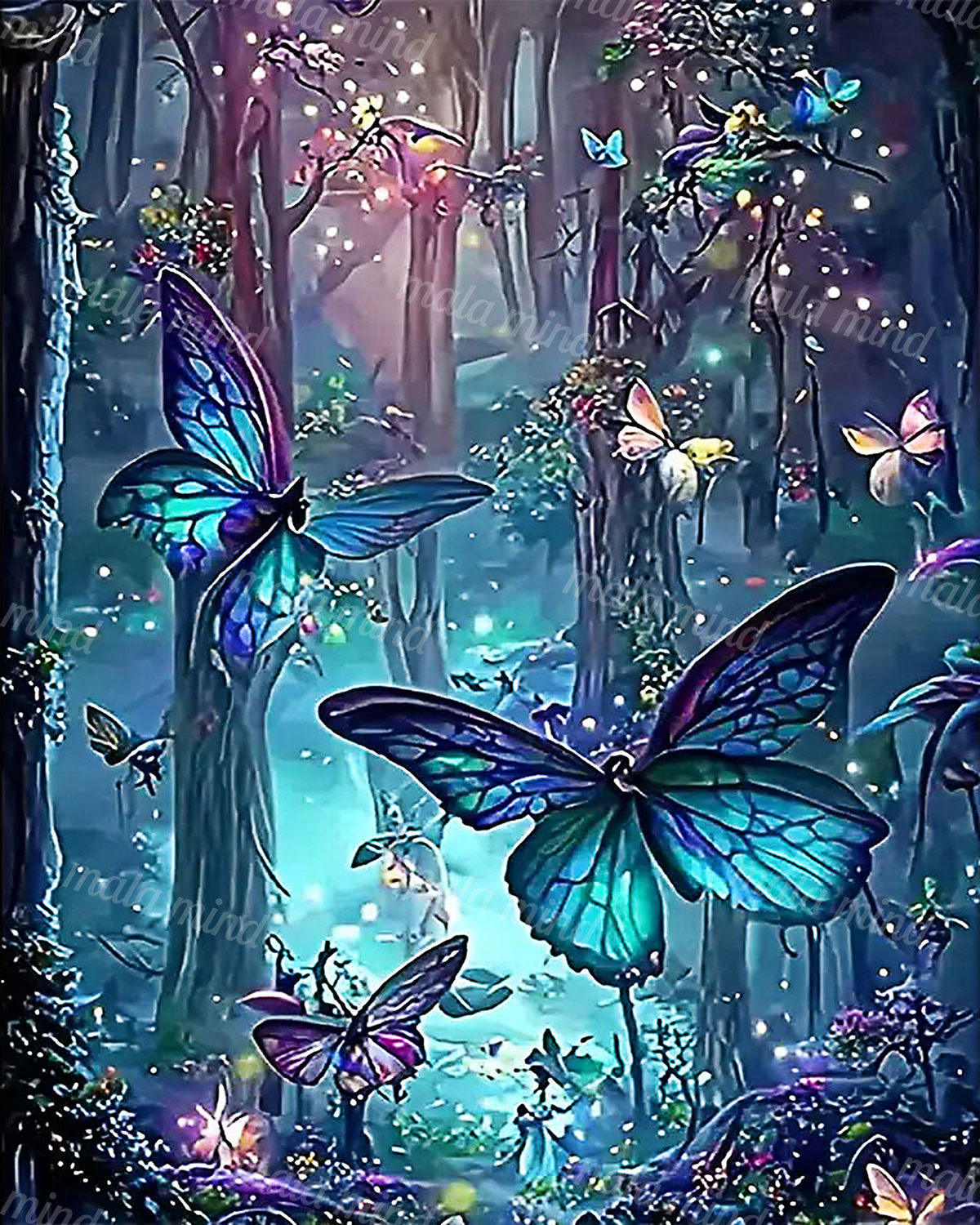 Colorful blue, teal, pink, and purple butterflies among glowing trees and foliage in a fantasy forest — 02_master_artwork