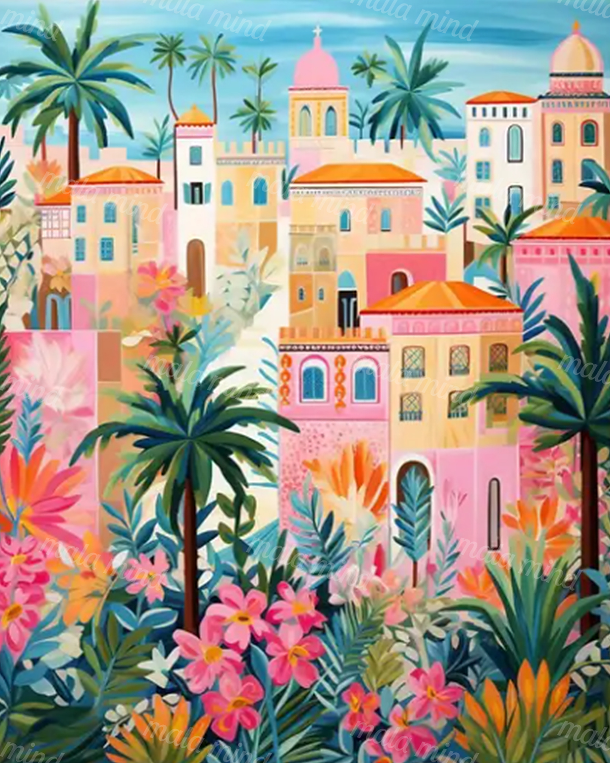 Colorful pastel tropical cityscape with domed buildings, palm trees, and dense flowering foliage — 02_master_artwork