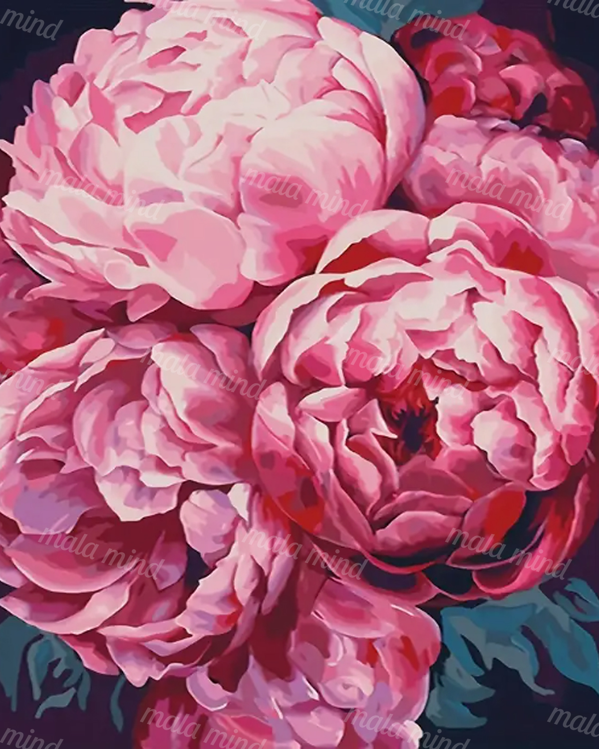 Close-up illustration of large layered pink peony flowers with dark teal foliage — 02_master_artwork