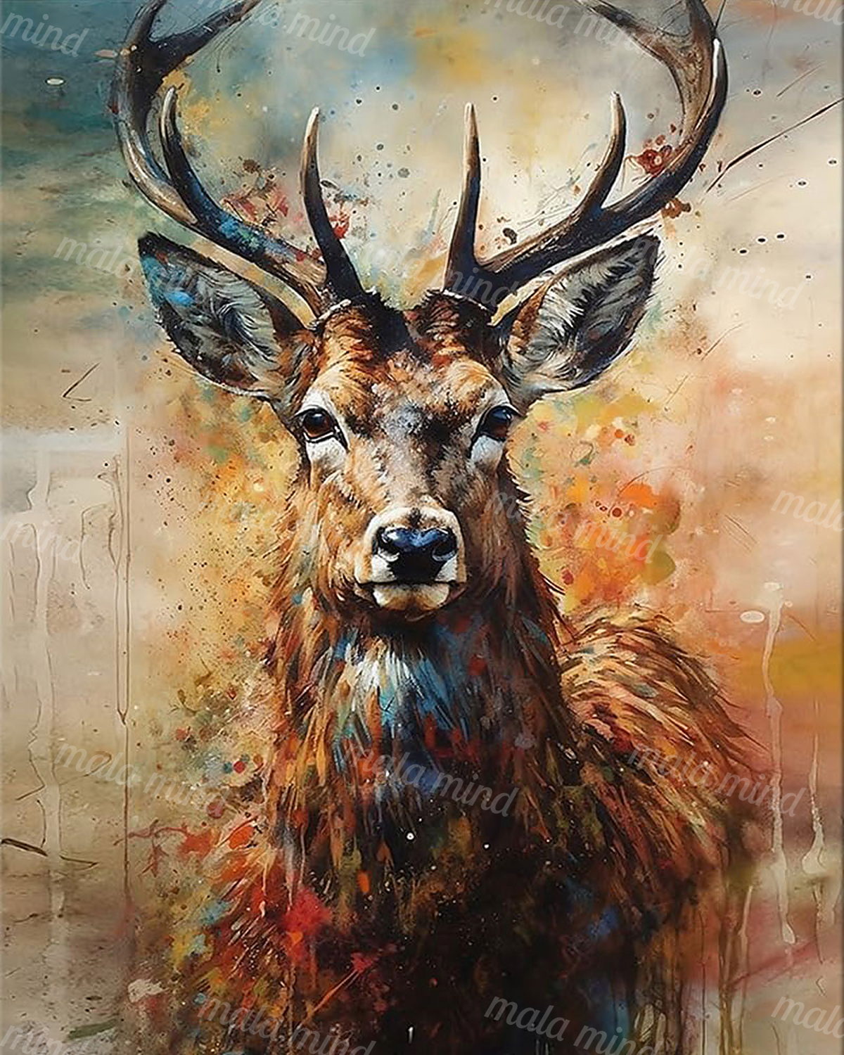 Front-facing watercolor stag with large branching antlers and colorful paint splatters — 02_master_artwork