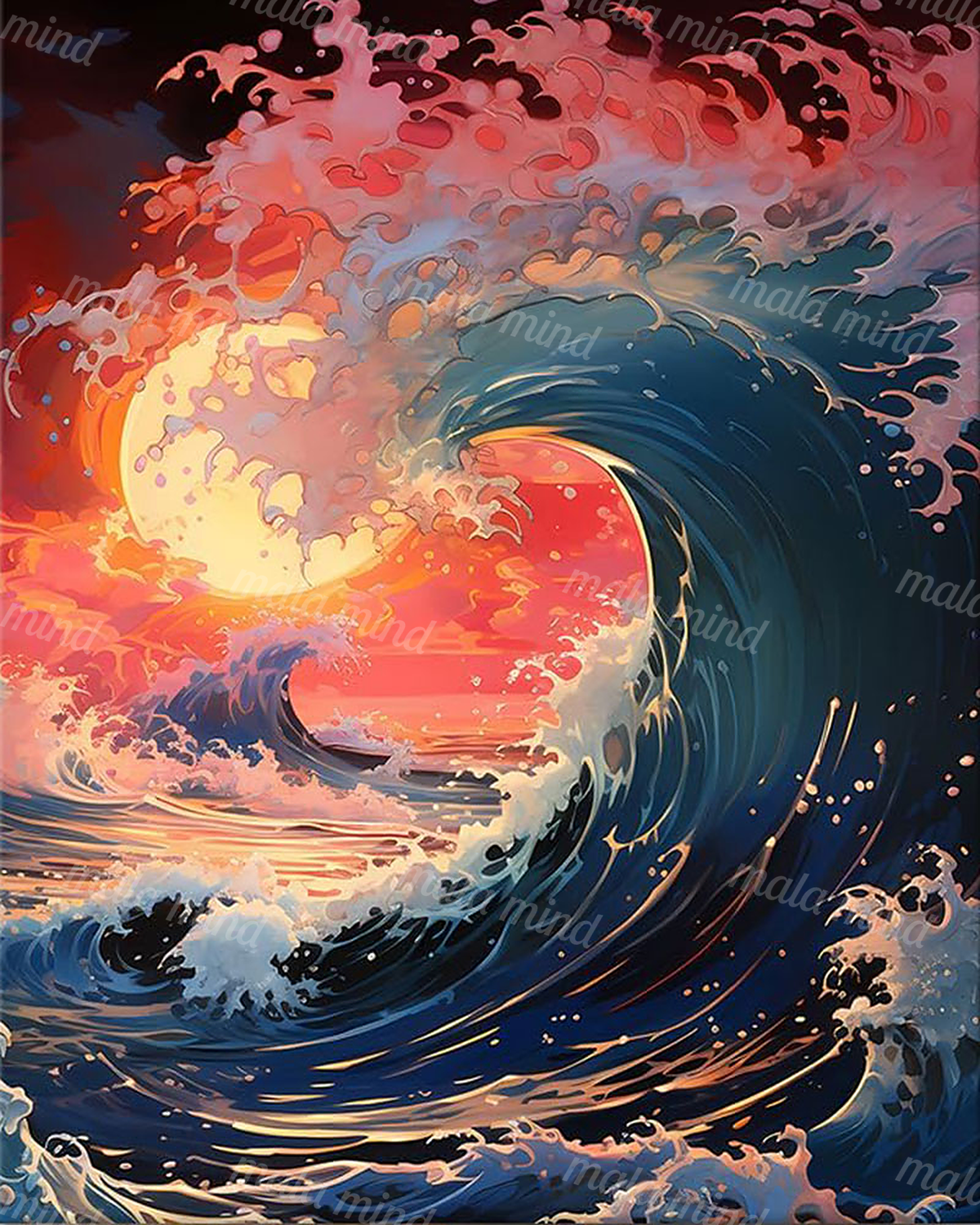 Stylized dark-blue ocean wave curling through pink, orange, and yellow foam with glowing light and spray — 02_master_artwork