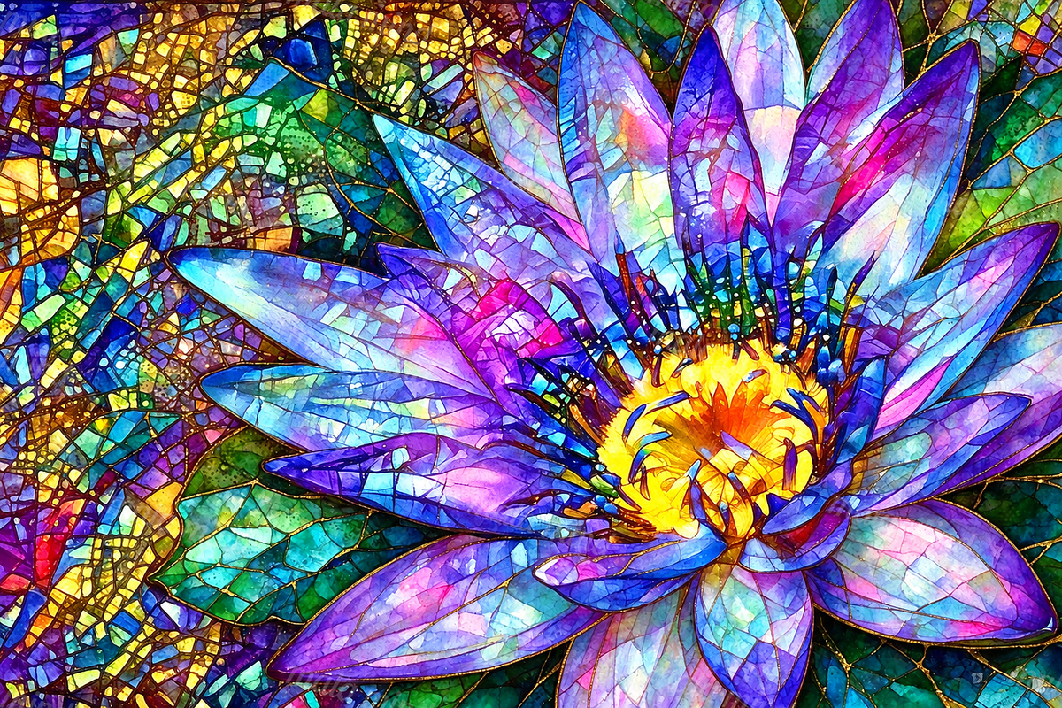 Two purple-blue lotus blossoms with yellow centers and green foliage in a colorful stained-glass mosaic — 02_master_artwork