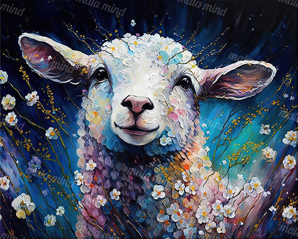 White lamb portrait with pastel blossoms and gold-accented branches on a deep blue background — 02_master_artwork