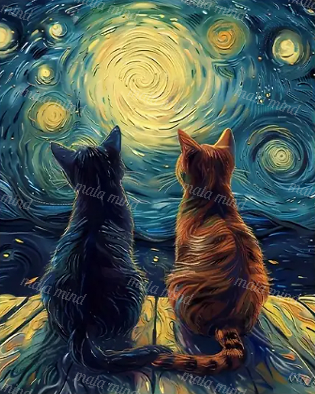 Two cats sit beneath a luminous spiraling blue-green sky with golden circular forms. — 02_master_artwork
