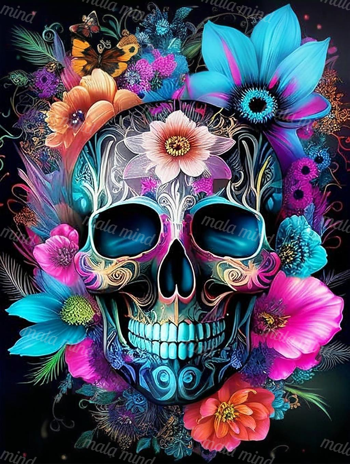 Colorful floral sugar skull wearing sunglasses, surrounded by blossoms and a butterfly on black — 02_master_artwork