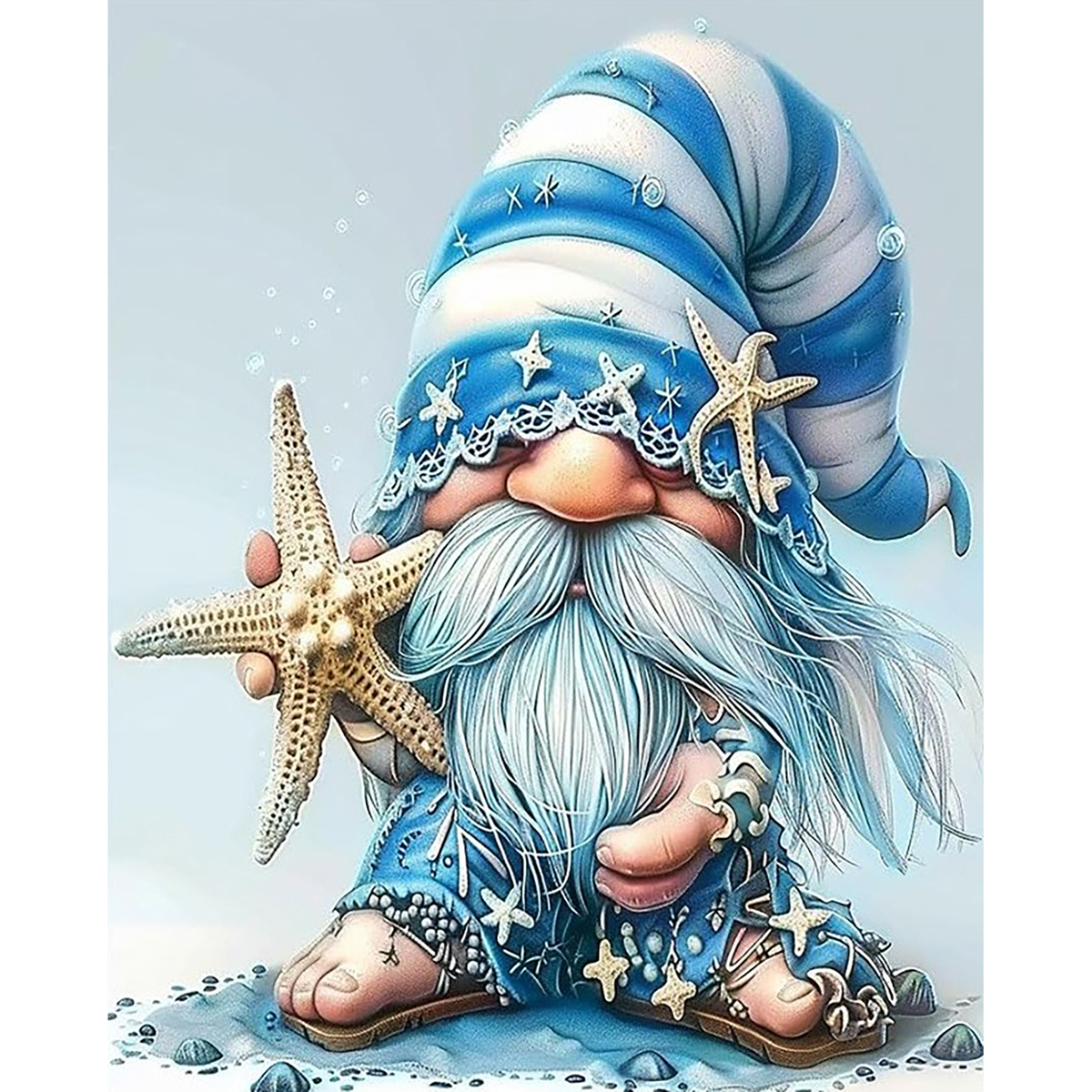 Blue-bearded seaside gnome in a striped hat presents a large starfish amid shells and pebbles.