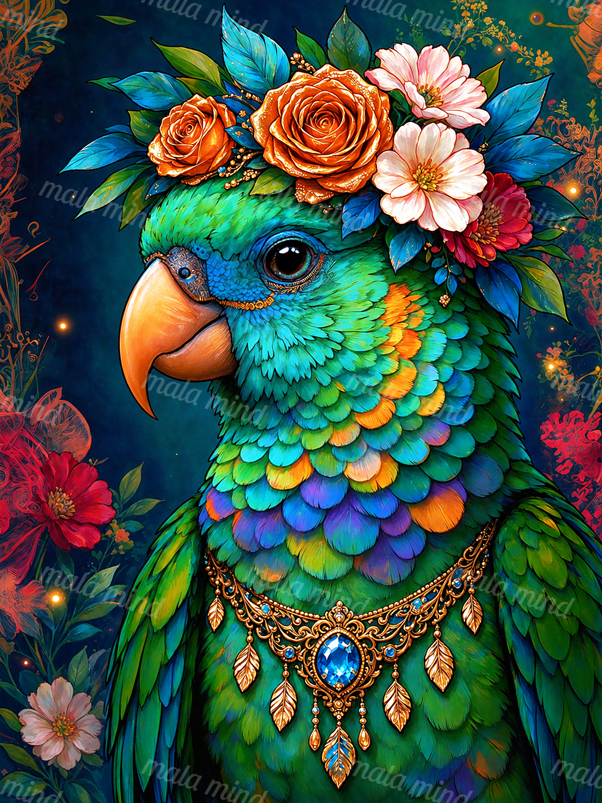 Colorful turquoise parrot wearing a floral crown and ornate gold necklace with a blue pendant — 02_master_artwork