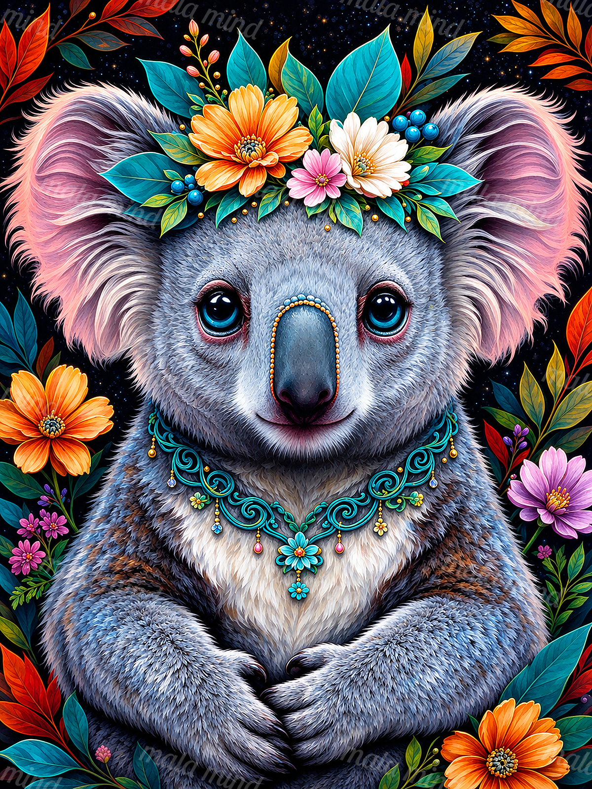 Gray koala wearing a flower crown and turquoise necklace, surrounded by colorful flowers and foliage — 02_master_artwork
