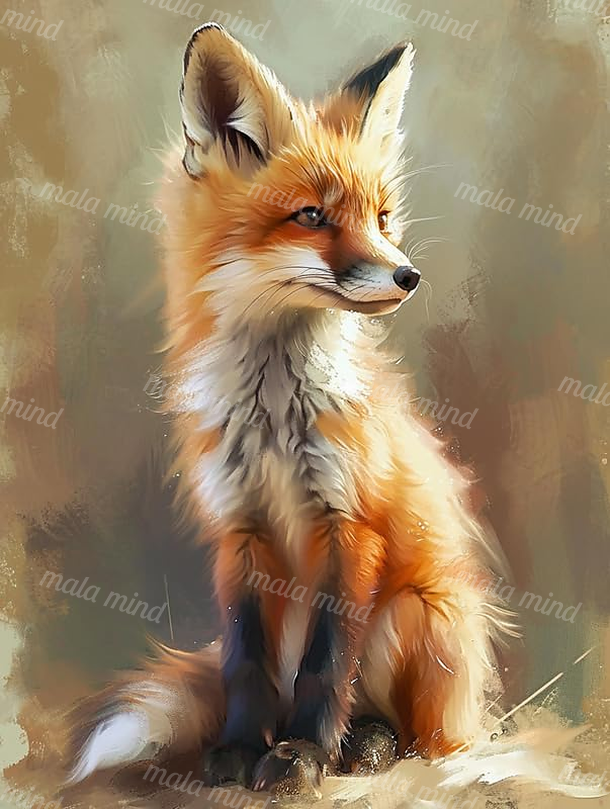 Seated red fox with bright eyes, upright ears, fluffy fur, and curled tail on a muted earthy background — 02_master_artwork