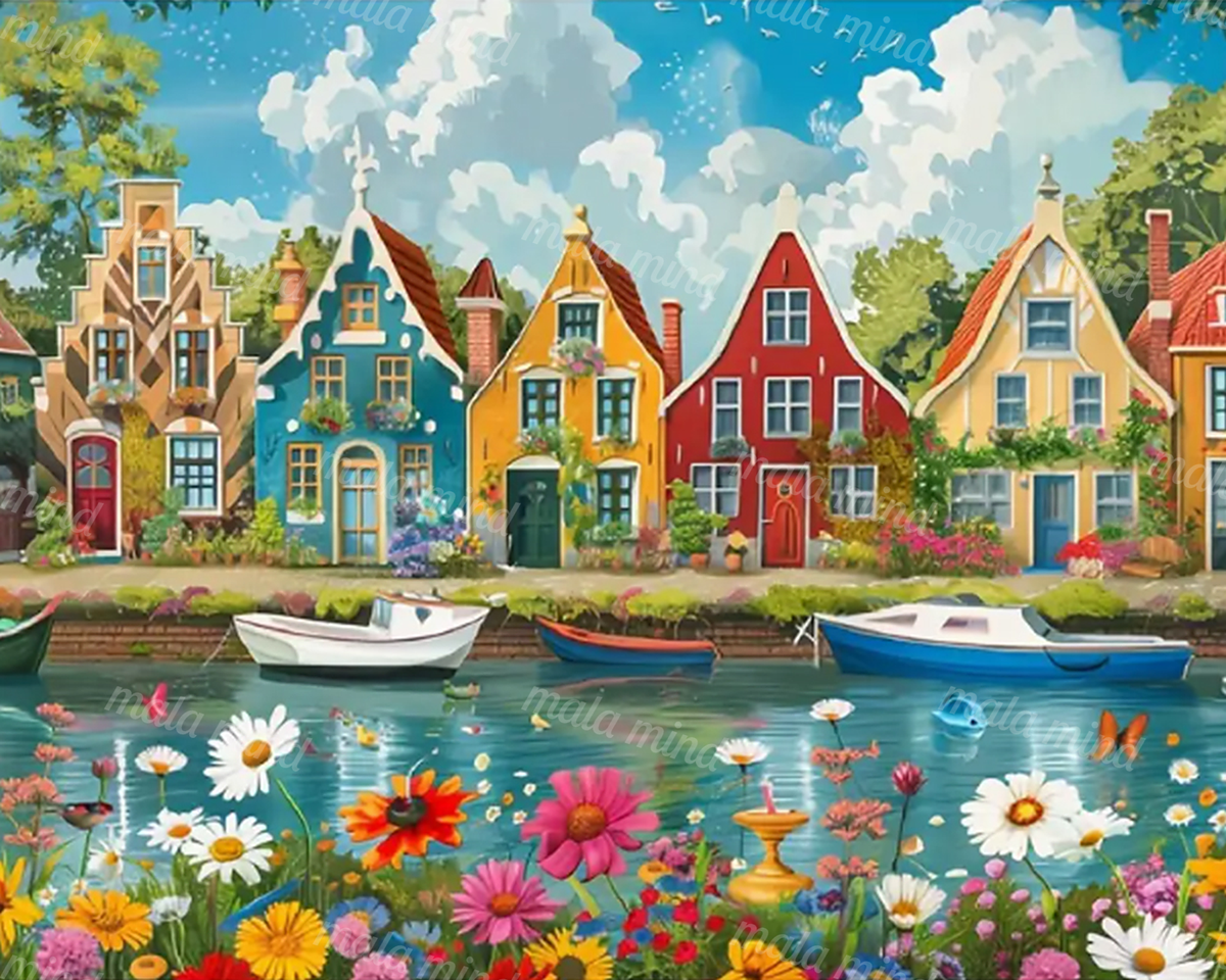 Colorful canal village with gabled houses, three boats, reflective water, and abundant foreground flowers — 02_master_artwork