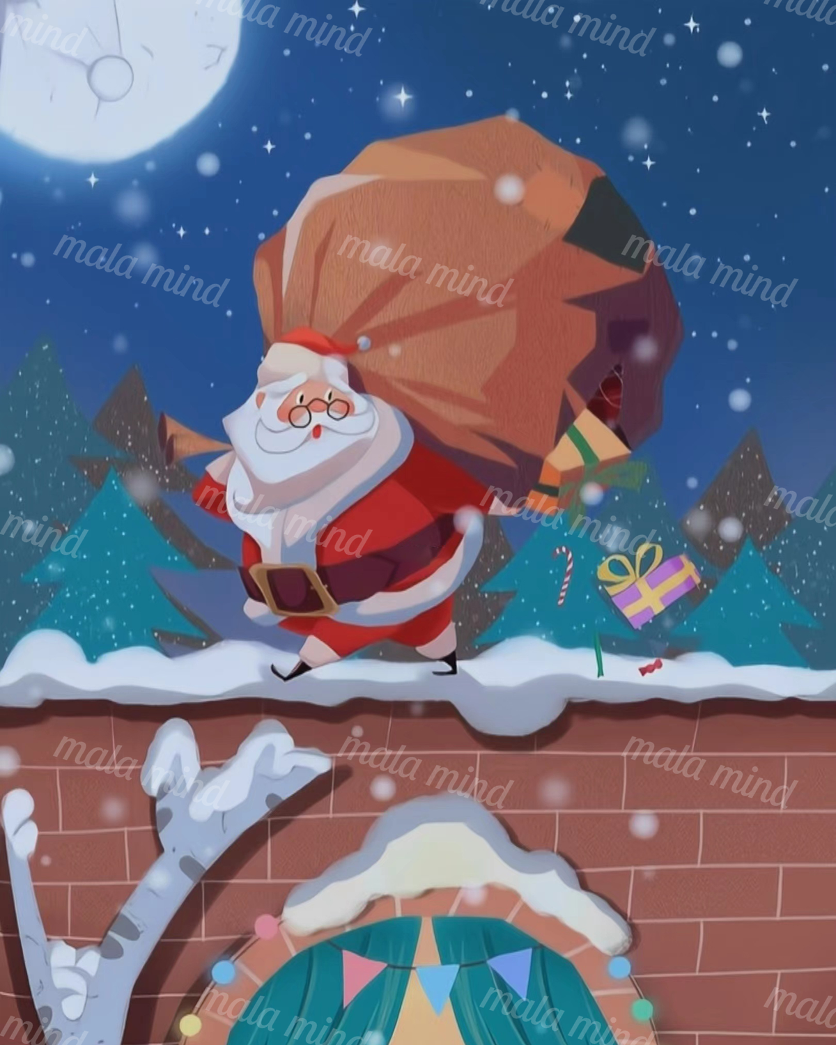 Cartoon Santa carrying a large sack across a snowy rooftop beneath a starry moonlit Christmas sky — 02_master_artwork